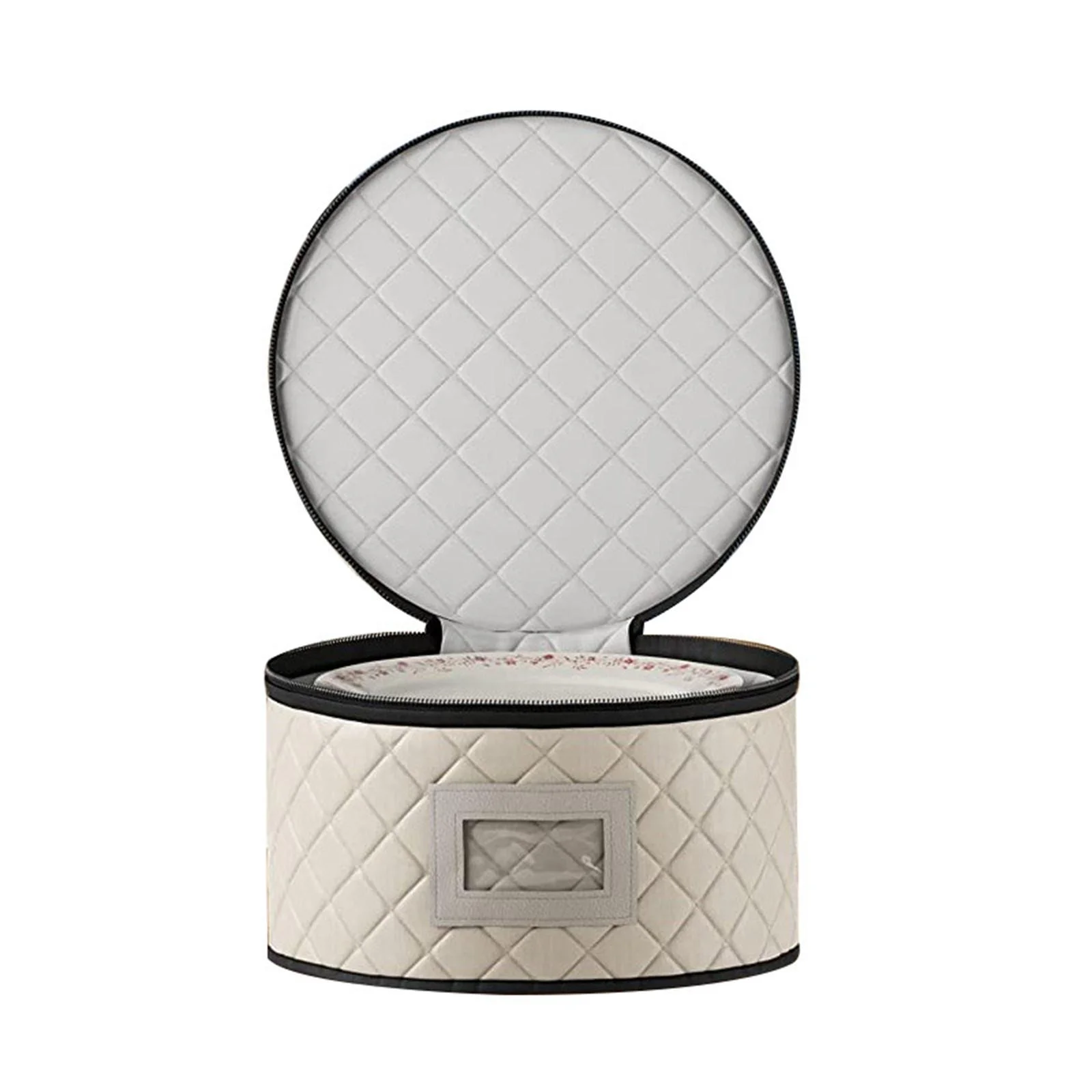 kowaku China Storage Container Cups Plate Bowl Storage Bag, with Protectors Round Hard Shell Case for Chinaware Saucers Stemware Beige M