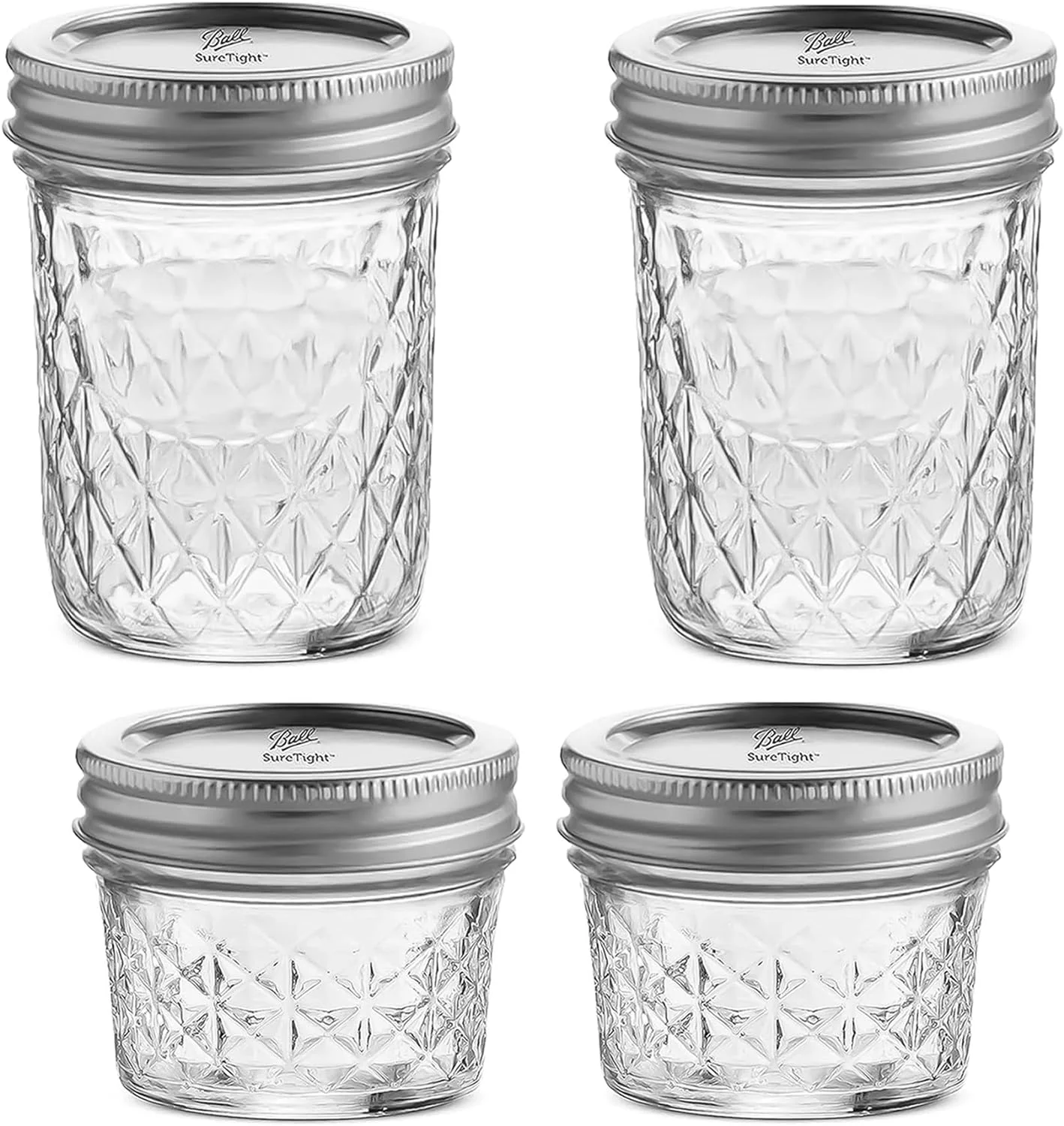 Quilted Crystal Jelly Regular Mouth Mason Jars - (4 Pack) - 2 - Ball 8-Ounce and 2 - Ball 4-Ounce Quilted Crystal Jelly