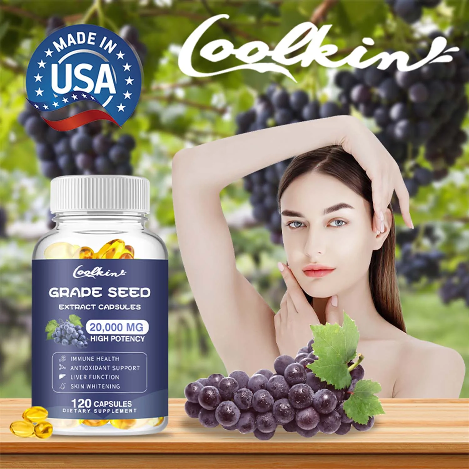 Coolkin Grape Seeds Extract Capsules 20,000mg - 95% Polyphenols, Antioxidant Support (30/60/120pcs)