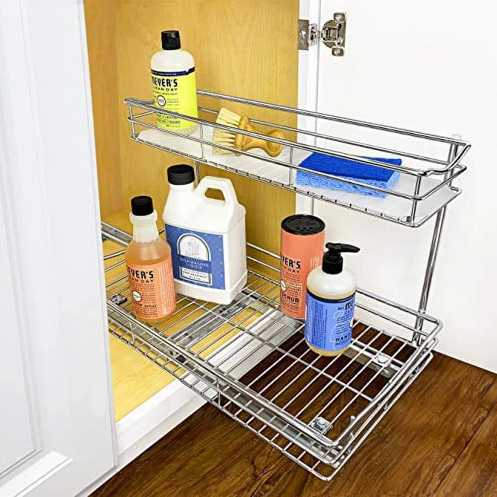 LYNK PROFESSIONAL® Slide Out Under Sink Cabinet Organizer - Pull Out Two Tier Sliding Shelf - 11.5 in. wide x 21 inch deep - Chrome