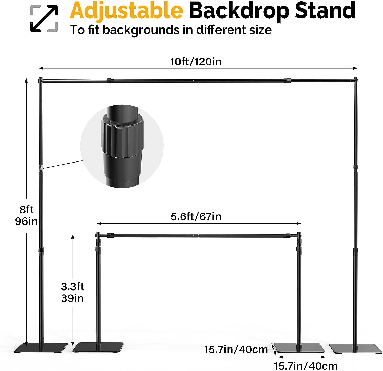 ShowMaven Backdrop Stand, 8x10 ft Adjustable Photo Backdrop Stand Kit, Heavy Duty Backdrop Stand with Steel Base for Photography, Photo Video Studio, Birthday Parties, Wedding (Black)