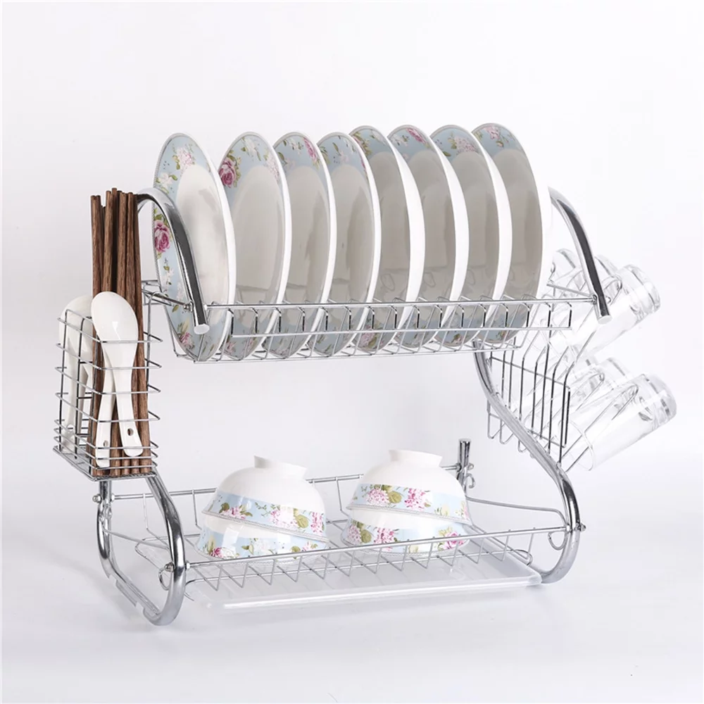 Kogiio Kitchen Stainless Steel Dish Cup Drying Rack Holder 2-Tier Dish Rack Sink Drainer (Silver)