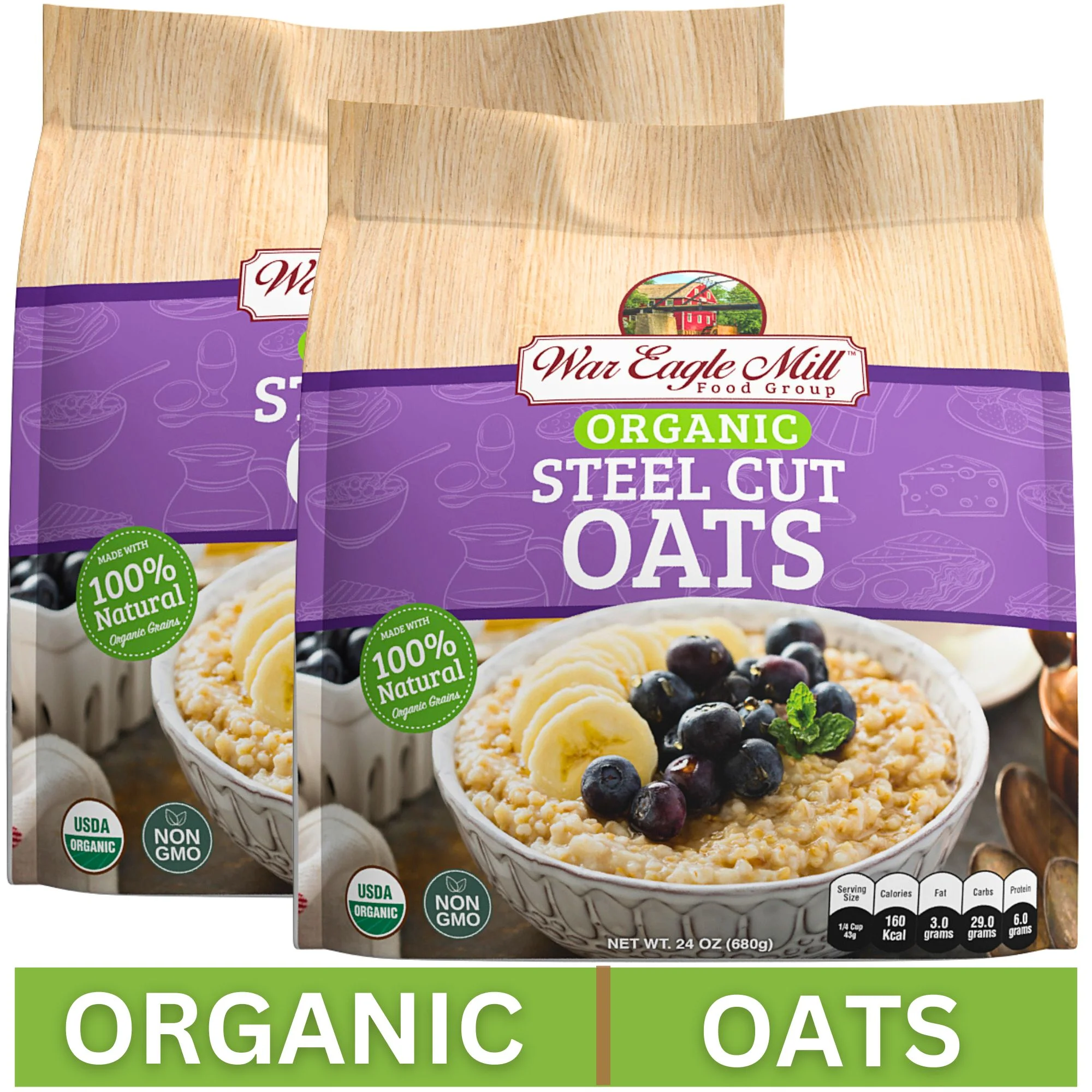 War Eagle Mill Steel Cut Oats, USDA Organic, Non-GMO, 24 oz. Bag (Pack of 2)