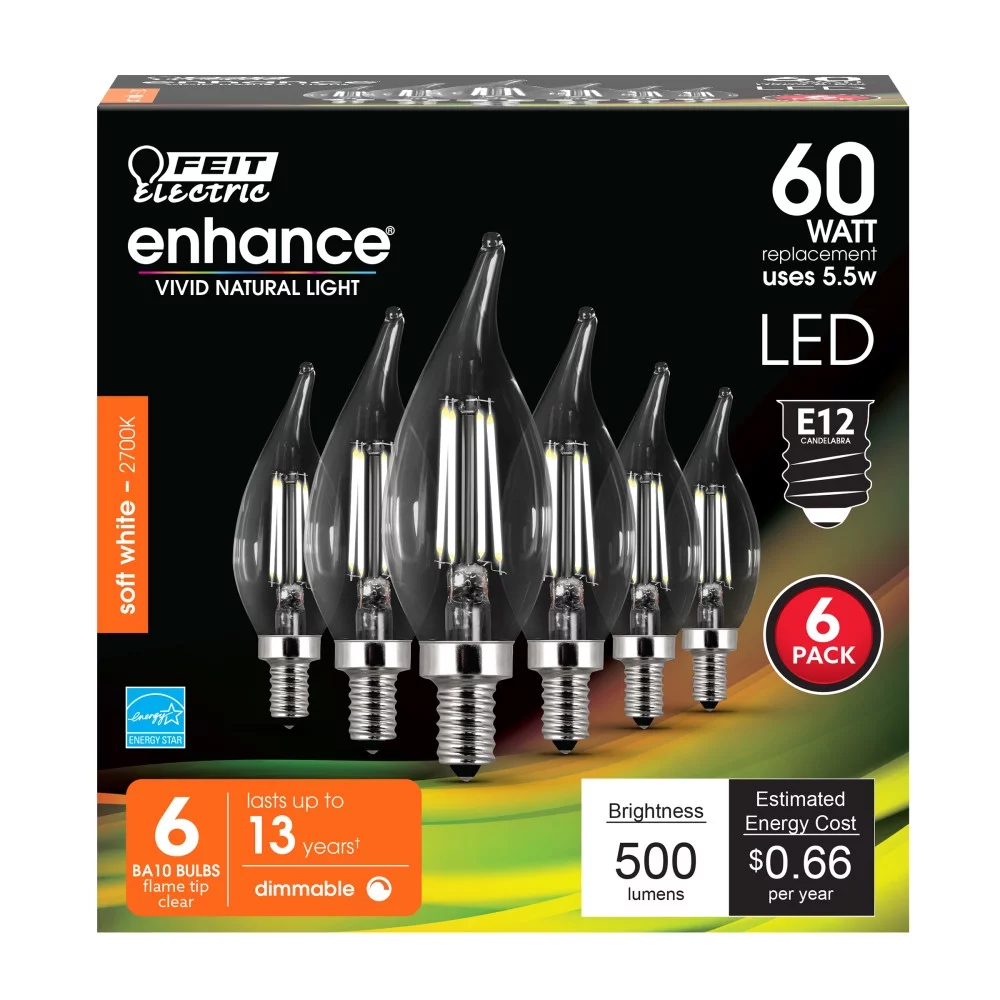 Feit Enhance CA10 (Flame Tip) E12 (Candelabra) Filament LED Bulb Soft White 60 Watt Equivalence 6 pk
