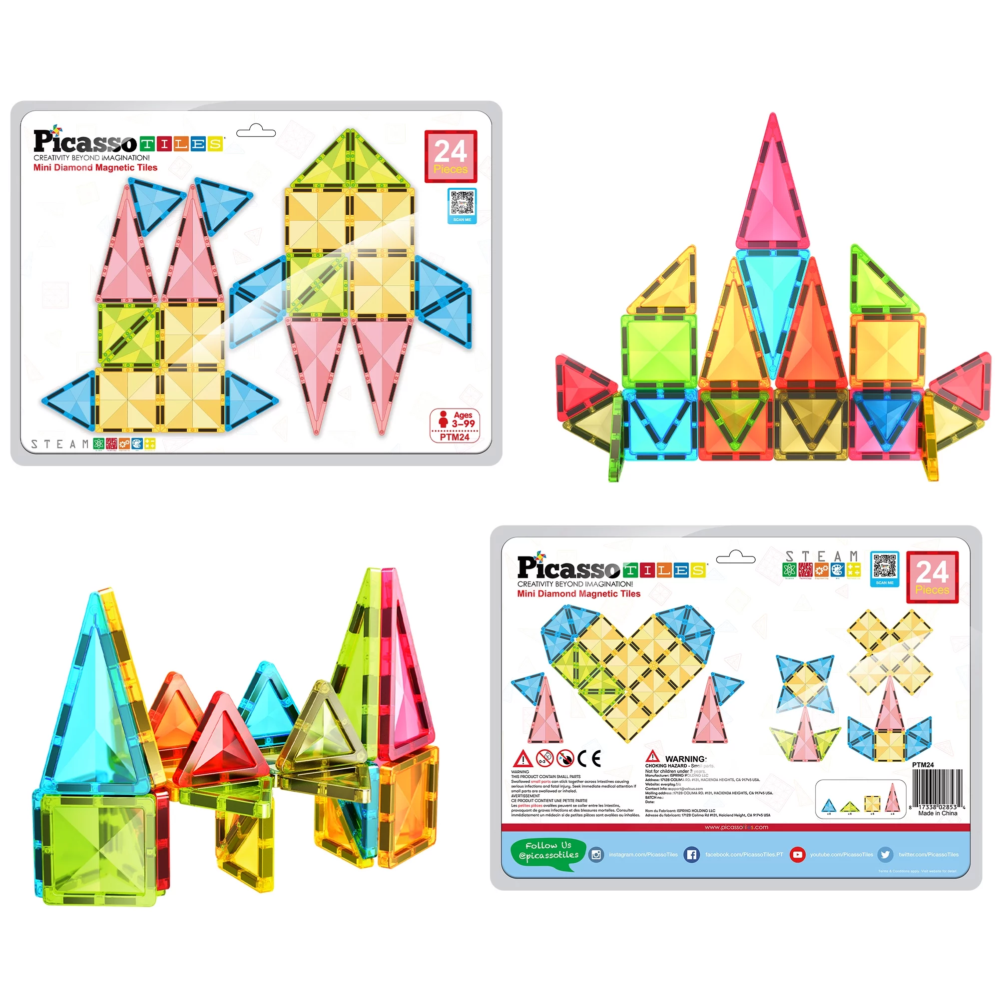 PicassoTiles 24 Piece Mini Magnet Tile Building Blocks Toy Set for Kids 3+ Year Old PTM24
