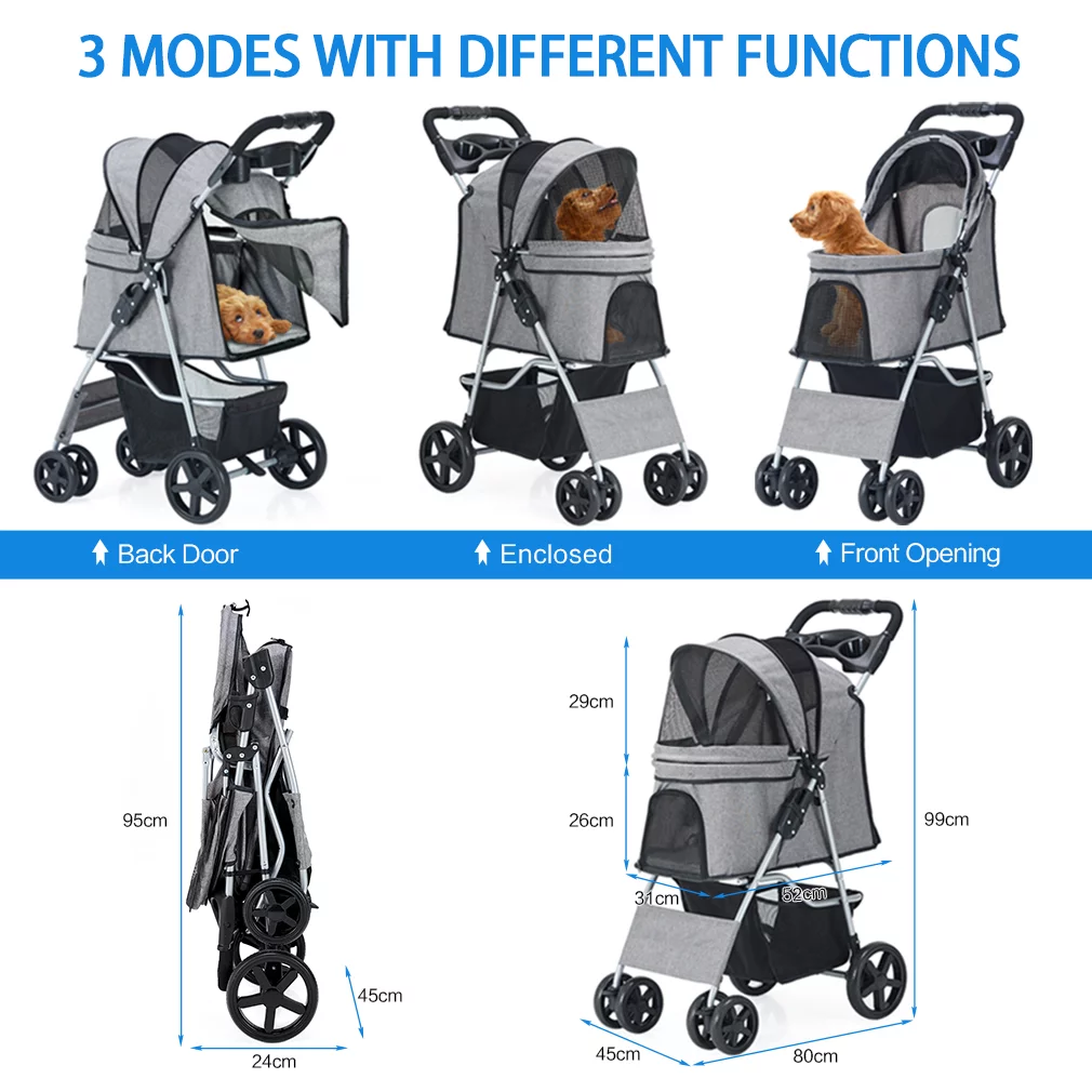 Pet Stroller 4 Wheel with Storage Basket and Cup Holder Foldable Lightweight Trolley for Small Medium Cats & Dogs-Gray