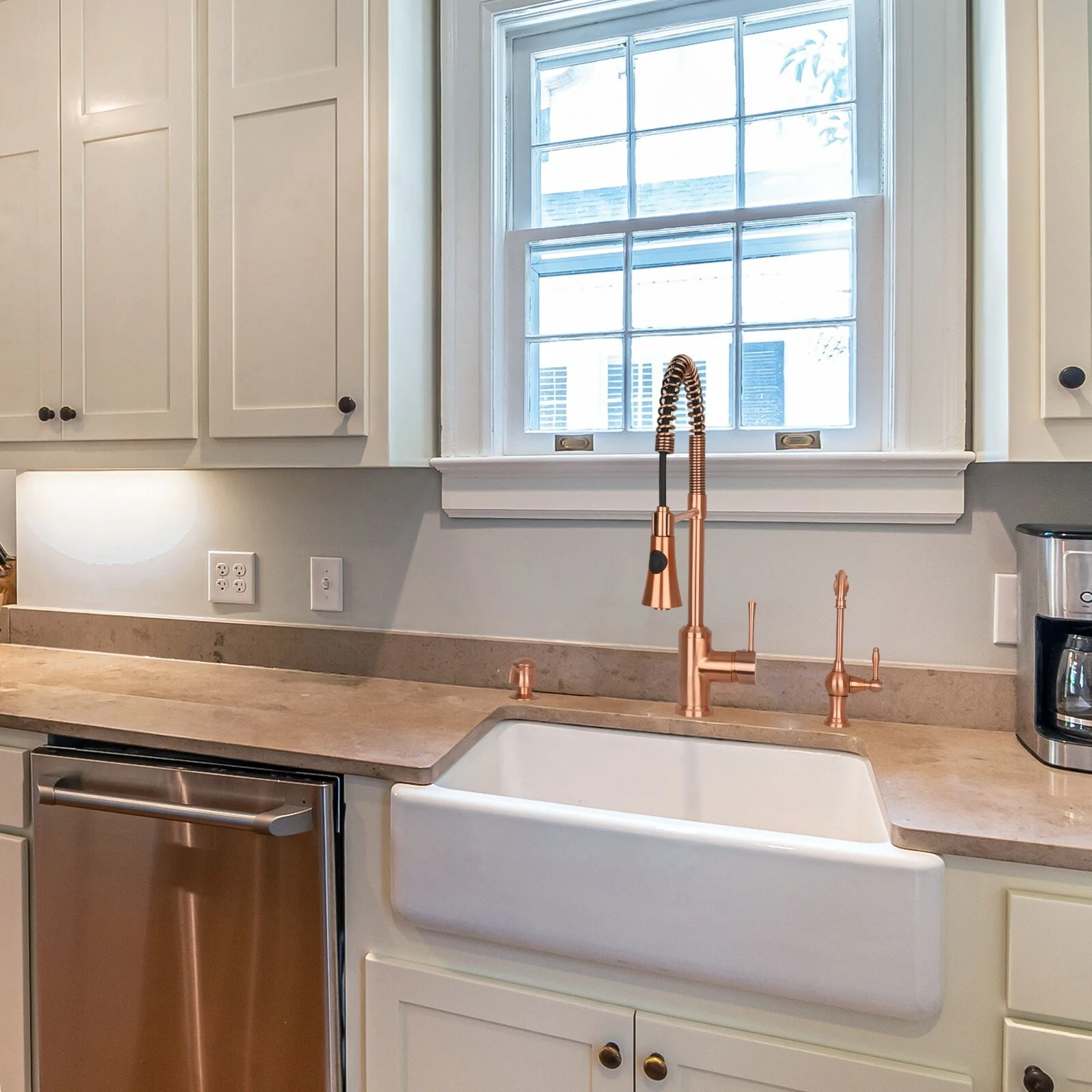 Copper Pre-Rinse Spring Kitchen Faucet, Single Level Solid Brass Kitchen Sink Faucets with Pull Down Sprayer - 8.9x20.9