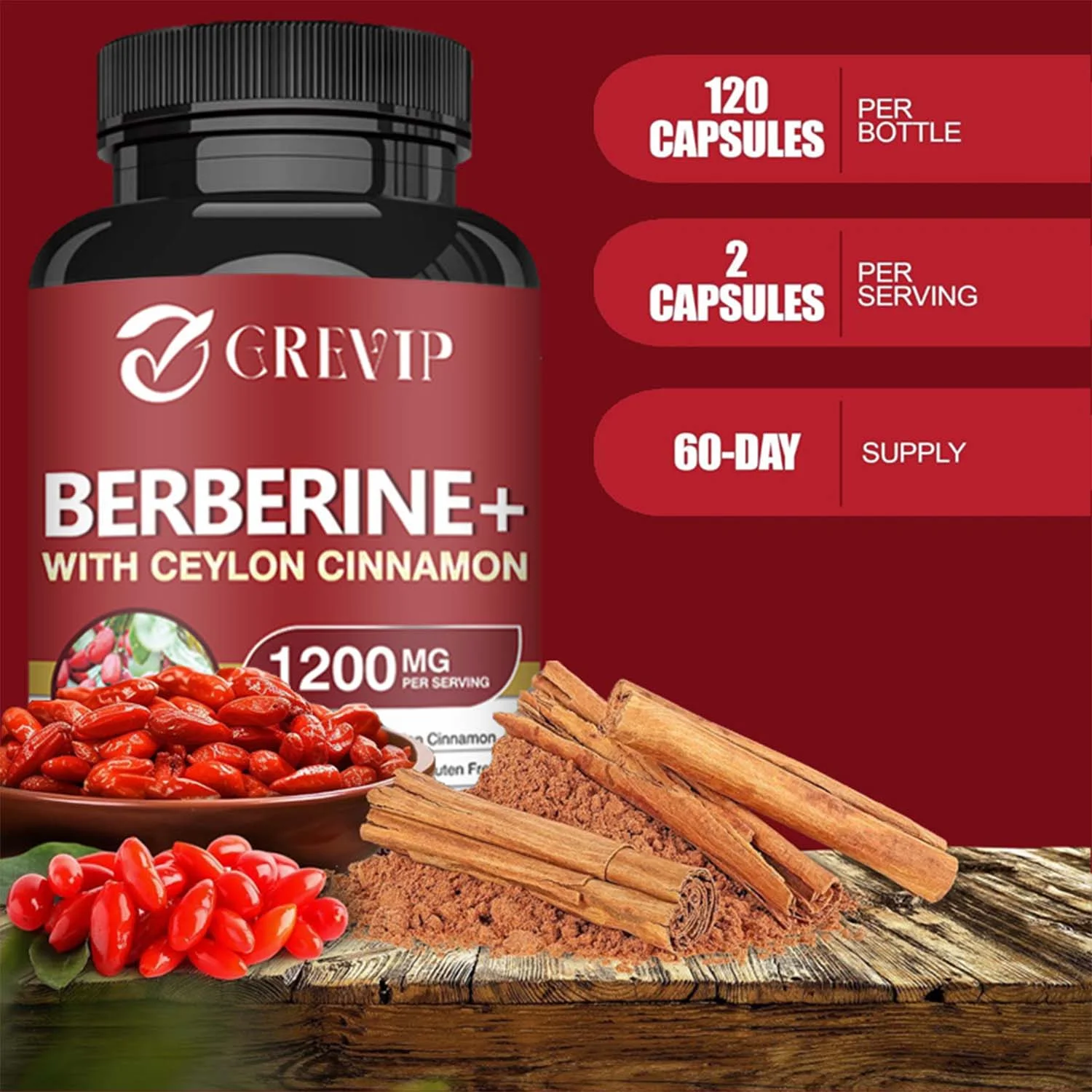 Grevip Berberine HCI+Ceylon Cinnamon 1200mg -Cardiovascular Health,Blood Sugar Support(30/60/120pcs)