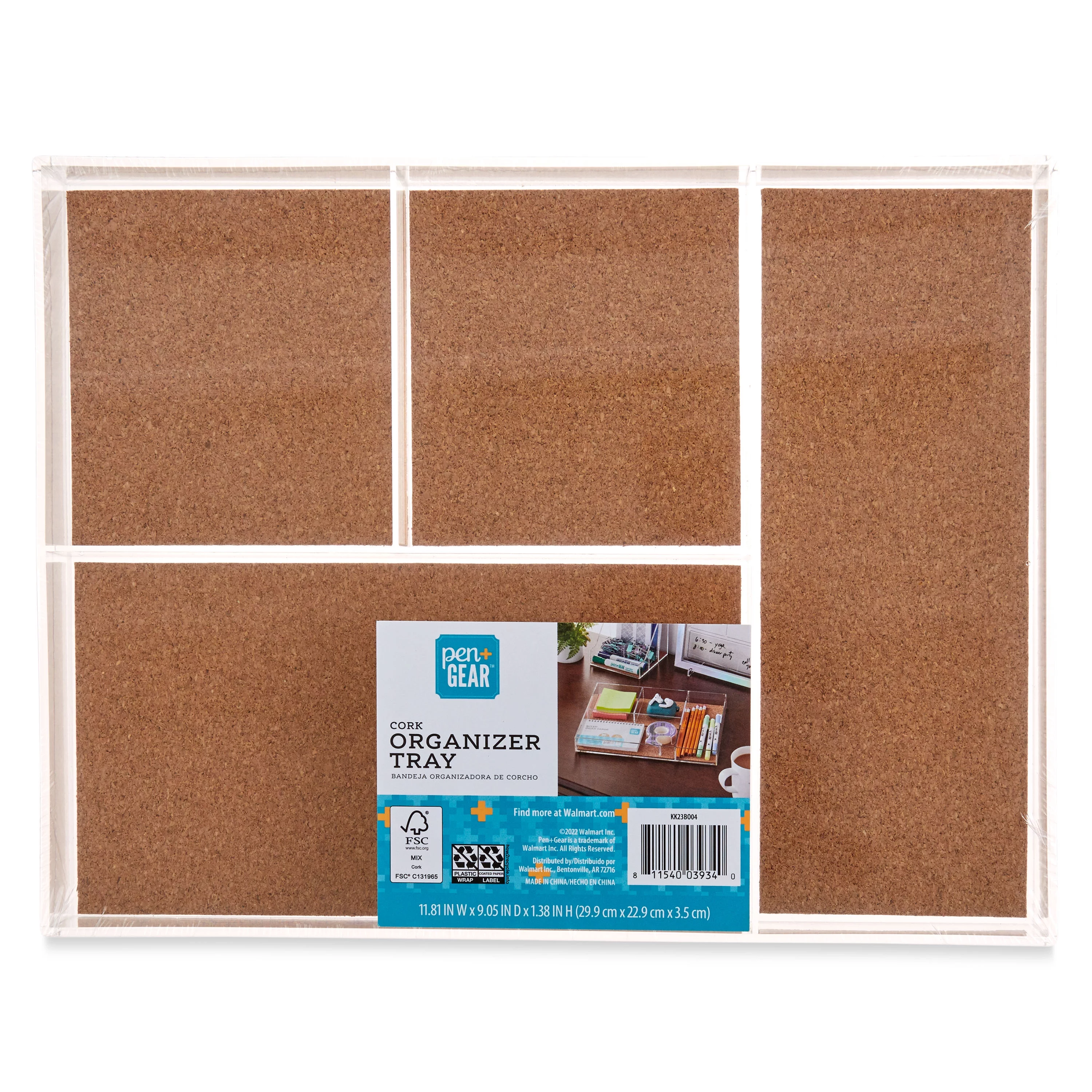 Pen+Gear 4 Grids Organization Tray with Cork Tile, Clear, 1 Pack