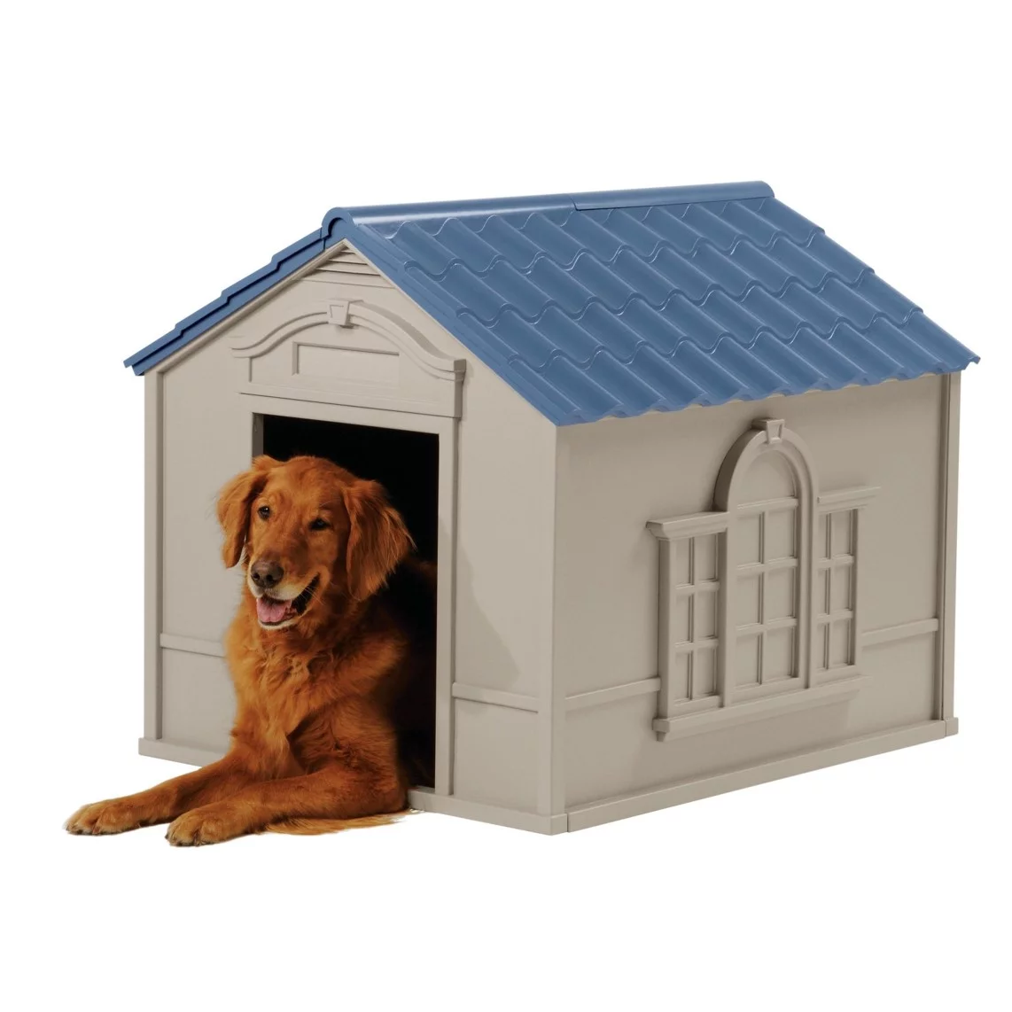 Suncast Deluxe Indoor & Outdoor Dog House Resin for Medium/Large Breeds, Tan/Blue