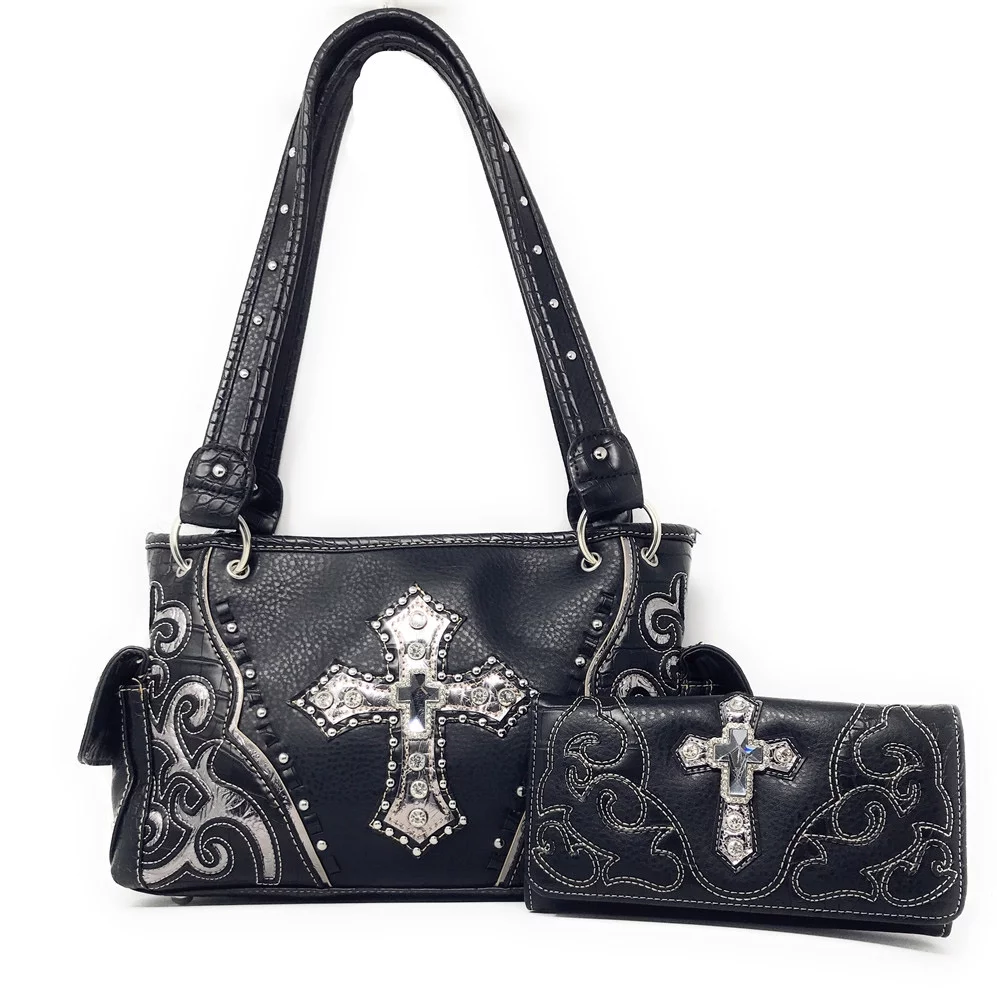 Premium Rhinestone Cross Embroidered Adult Handbag/Matching Wallet in 6 Colors