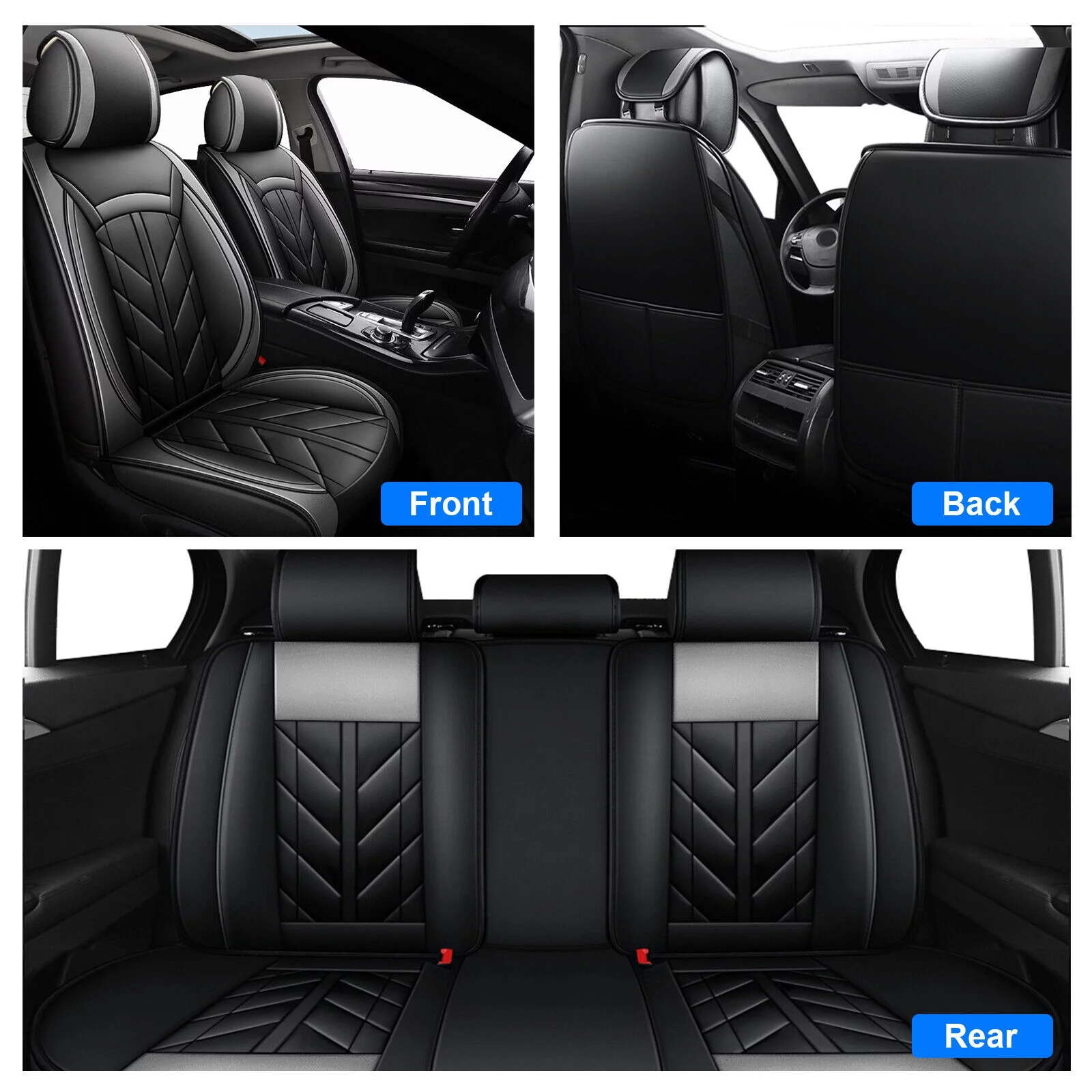 For Acura 5 Seats Car Seat Covers, Waterproof Leather Auto Cushion Protector, Full Set Front Rear Seat Cover for RDX RLX TLX TL TSX ZDX Black+Gray