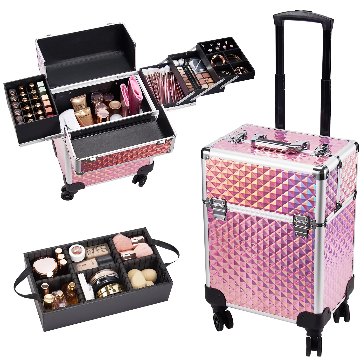 Joligrace Rolling Makeup Train Case Professional Cosmetic Trolley 4 Trays & 1 Cubby with Sliding Rail