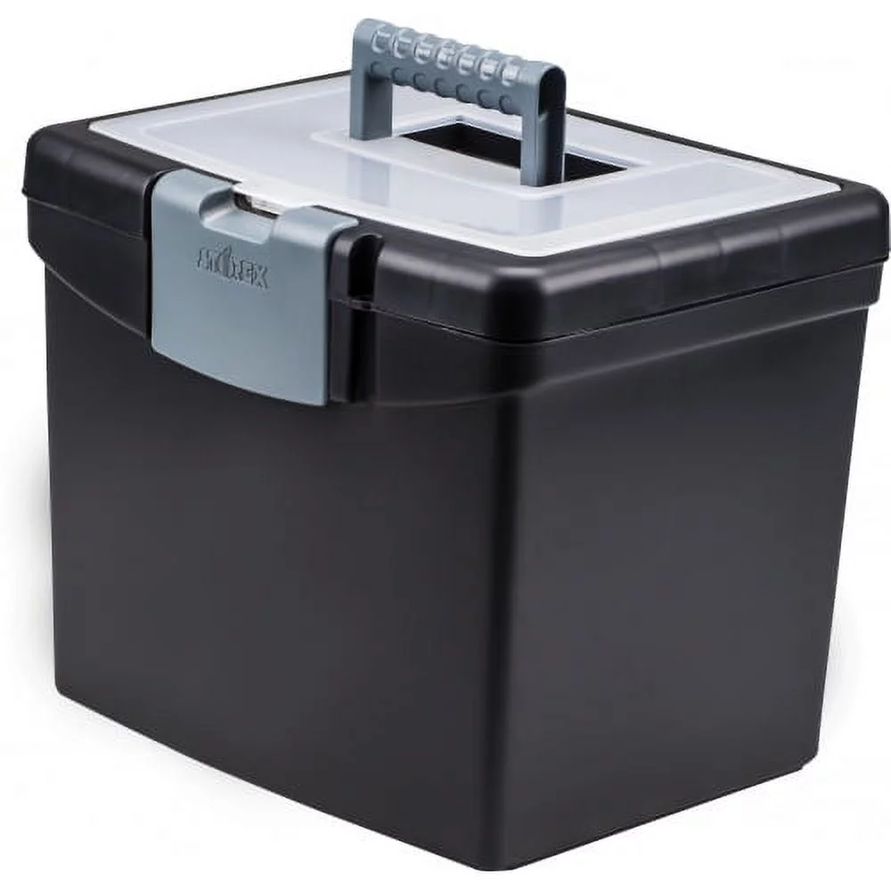 Portable File Box with Large Organizer Lid Letter Files, 13.25" x 10.88" x 11", Black