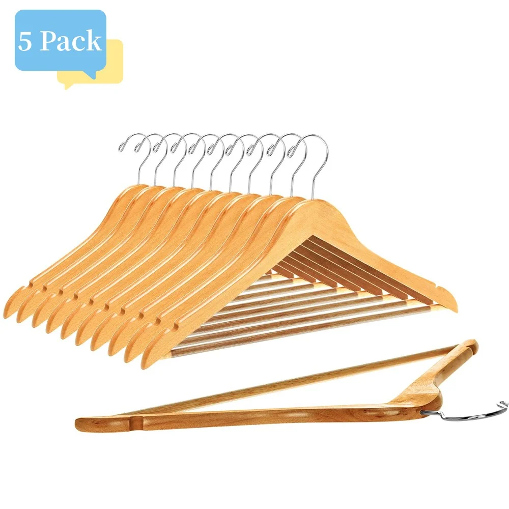 5Pack Quality Wooden Hangers - Slightly Curved Hanger Set - Solid Wood Coat Hangers with Stylish Chrome Hooks - Heavy-Duty Clothes, Jacket, Shirt, Pants, Suit Hangers