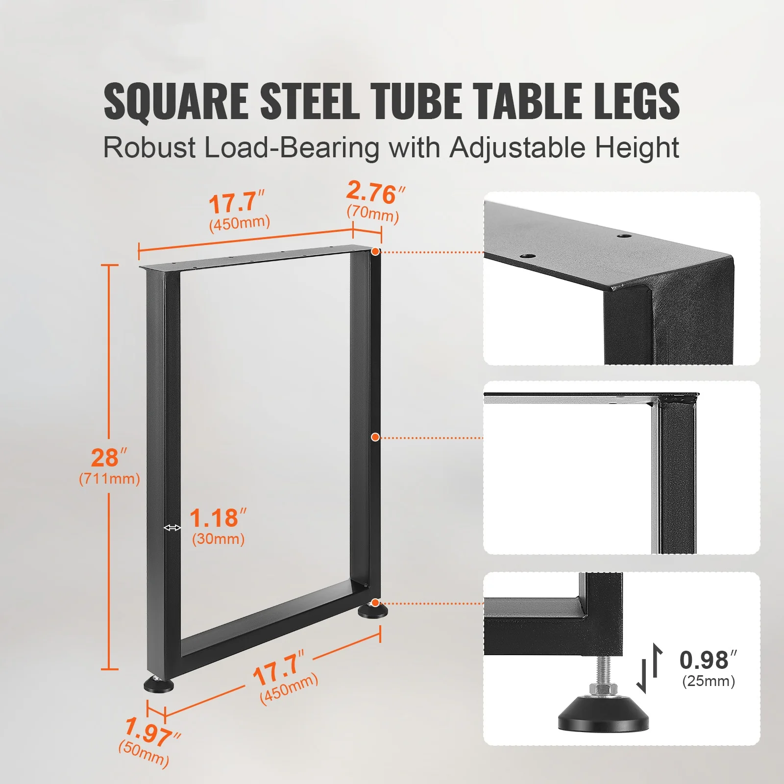 SKYSHALO 28 Inch Adjustable Furniture Legs Square Solid Steel Set of 2 Black