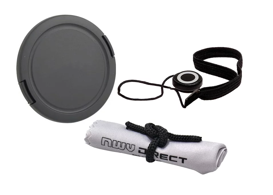 Lens Cap Side Pinch (62mm) + Lens Cap Holder + Nw Direct Microfiber Cleaning Cloth For Sony FDR-AX700