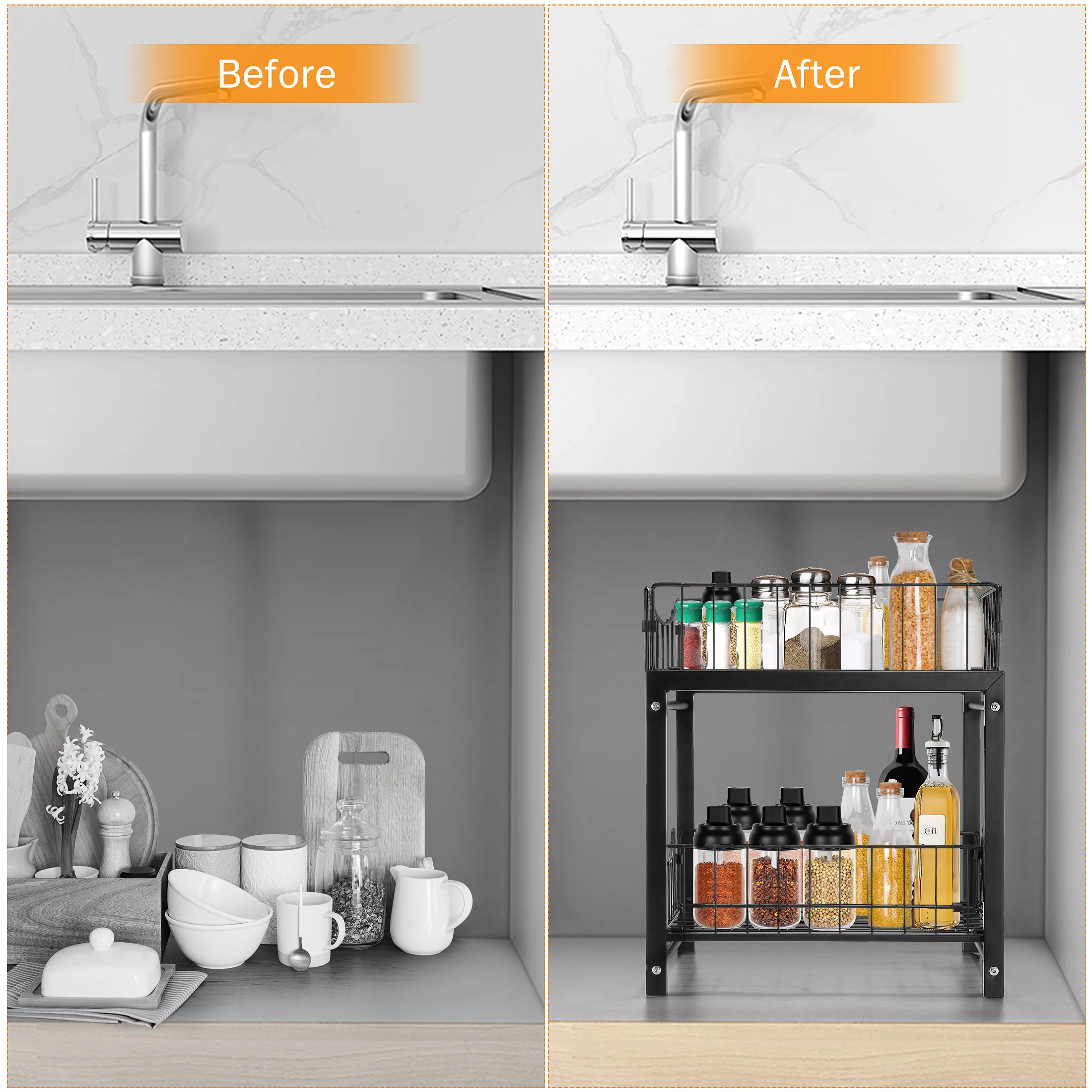 2-Tier Pull-Out Storage Rack, Under Sink Cabinet Sliding Drawer Organizer Basket Shelf, Metal Black