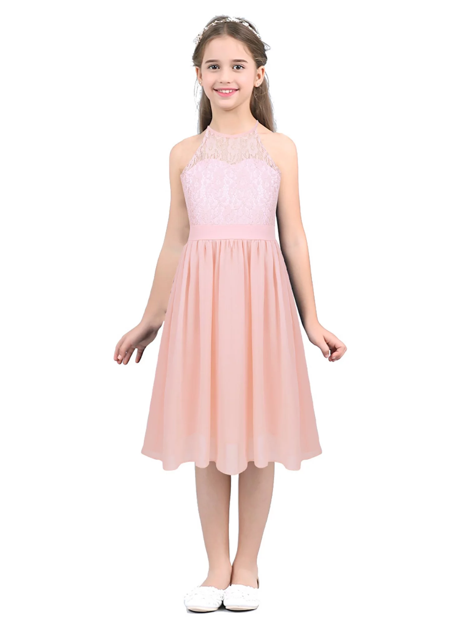 Aislor Big Girls Formal Party Wedding Bridesmaid Flower Dress Halter Lace Chiffon Prom Evening Gown