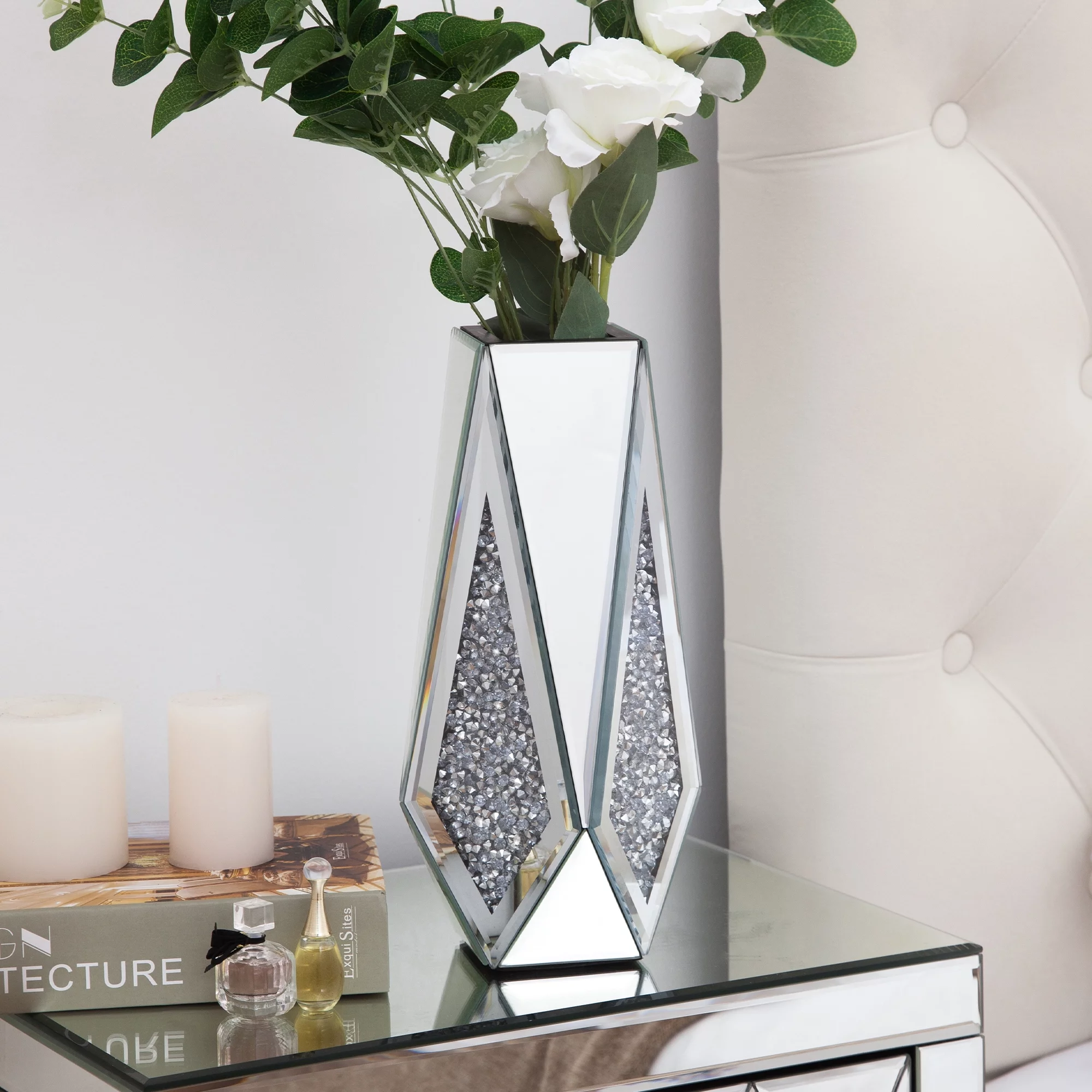 SHYFOY Mirrored Diamond Vase for Flower, Silver Flower Vase Home Decor
