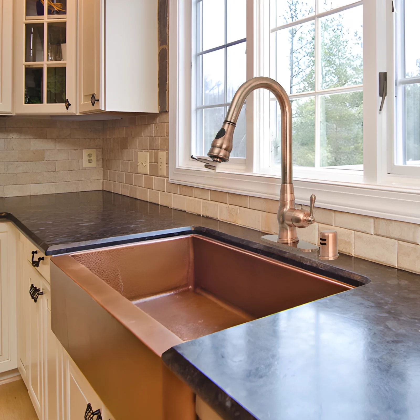 Akicon Pull Out Kitchen Faucet with Deck Plate, Single Level Solid Brass Kitchen Sink Faucets with Pull Down Sprayer - Antique Copper