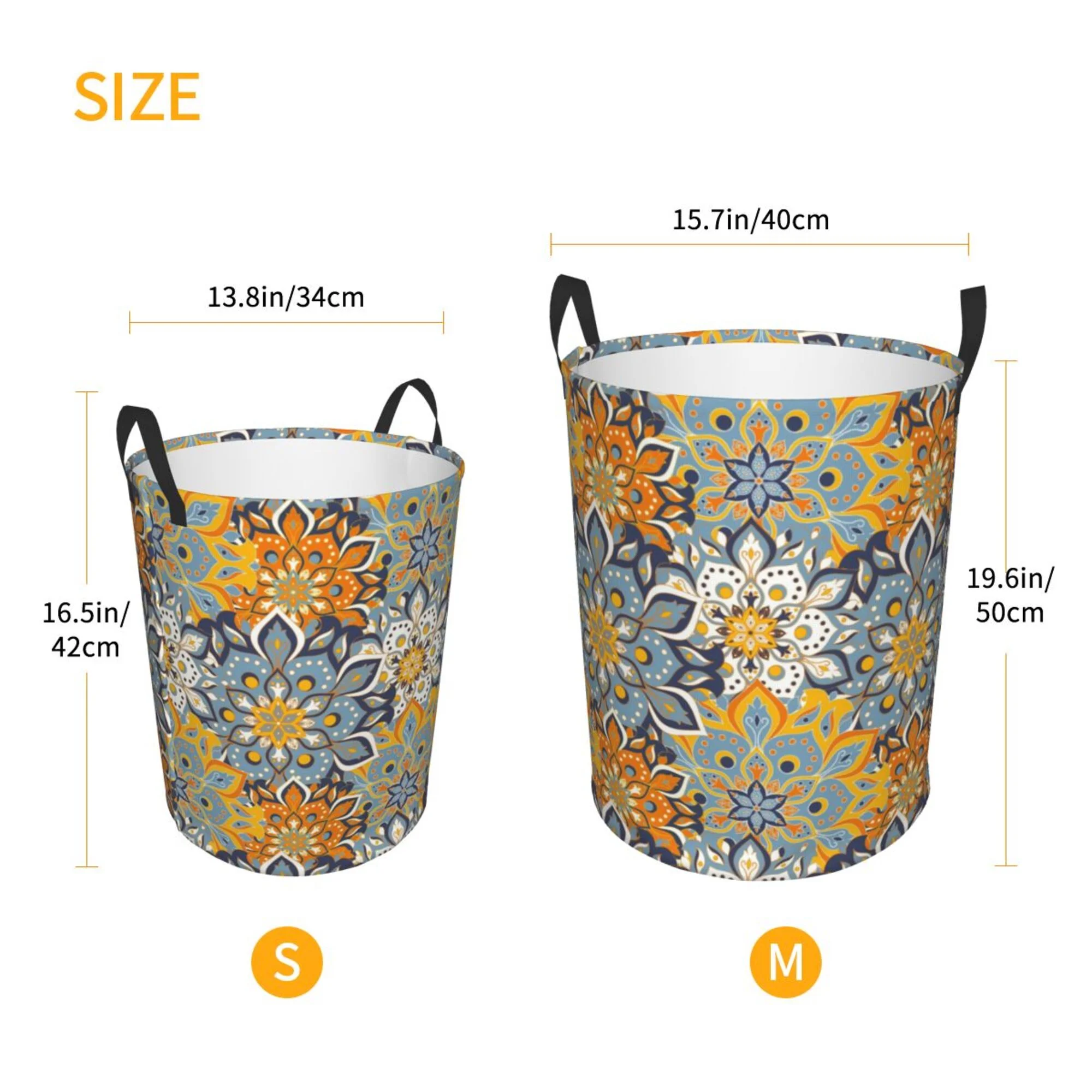 XMXY Round Laundry Basket Organizer, Boho Indian Floral Mandala Lace Waterproof Collapsible Dirty Clothes Basket Laundry Hamper, Medium Size