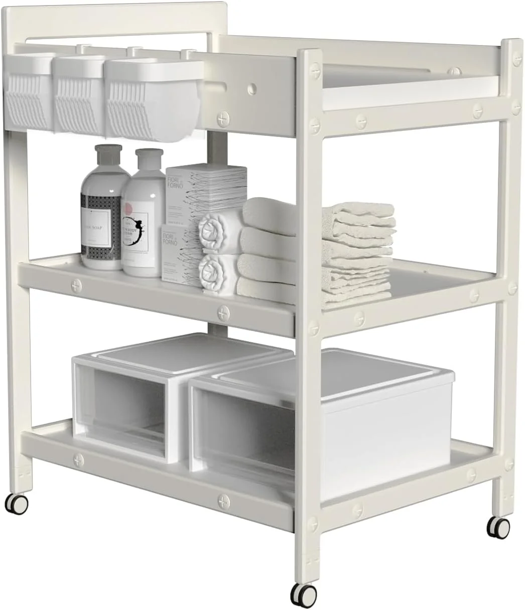 Baby Changing Table with Waterproof pad, Diaper Changing Station with Wheels, Portable Mobile Nursery Organizer for Newborn and Infant, Features Large Storage and Shelf, Beige