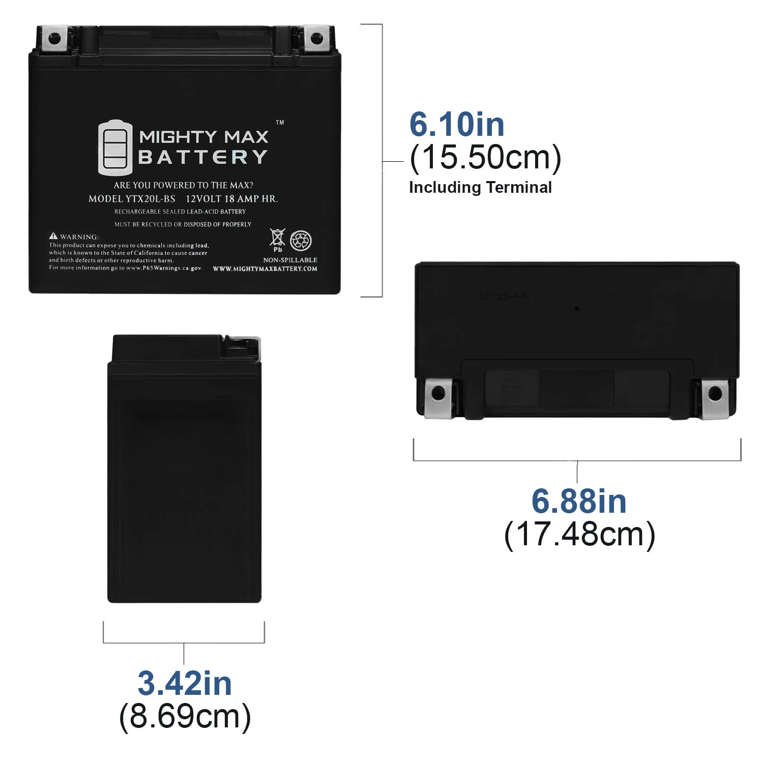 YTX20L-BS - 12 Volt 18 AH, 270 CCA, Rechargeable Maintenance Free SLA AGM Motorcycle Battery