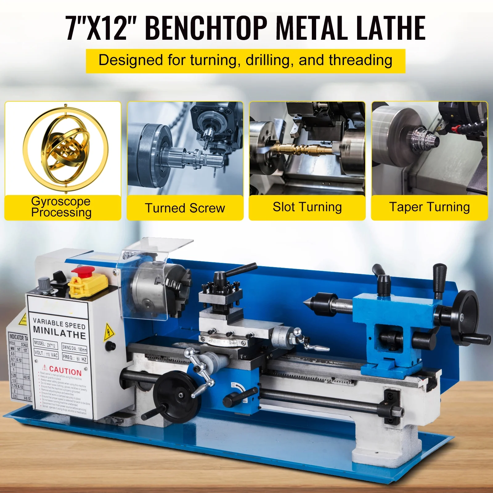 BENTISM Bench Top Mini Metal Milling Lathe 7x12 Variable Speed 0-2250 RPM w/ Lamp