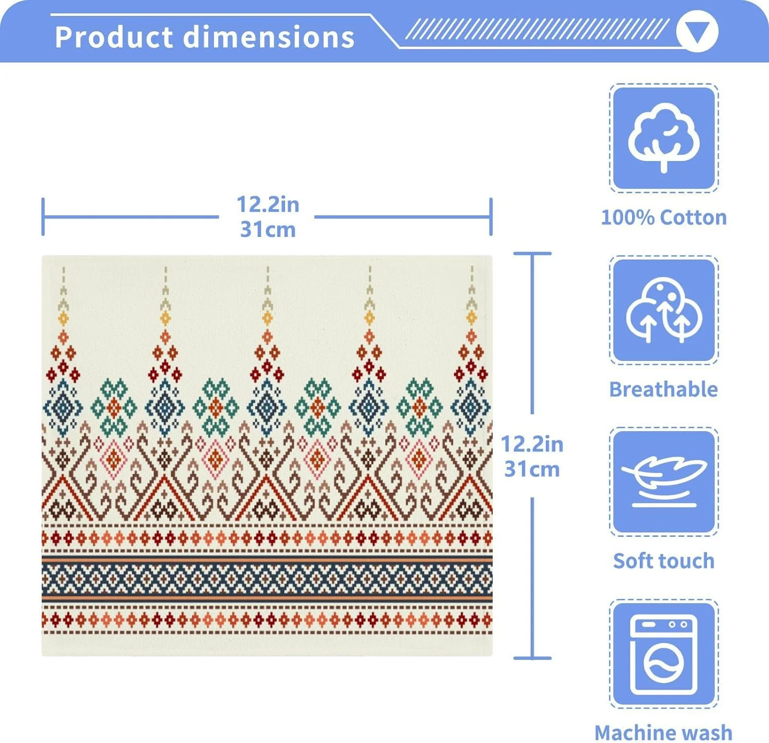 Coolnut Ethnic Ikat Pattern Washcloths Towels, Highly Absorbent and Soft Cotton Face Cloths, 4 Pack Quick Dry Wash Cloths - 12 X 12 Inches Washcloth Gift