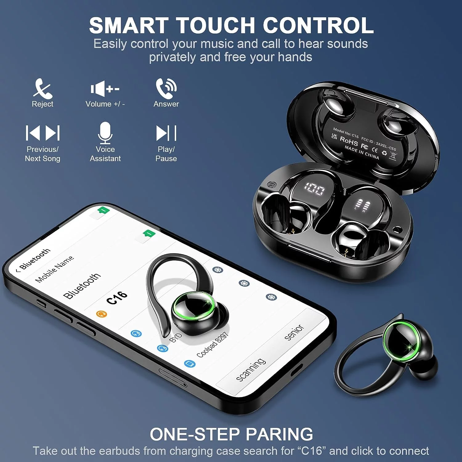 for F(x)tec Pro1 Wireless Earbuds Bluetooth 5.3 Headphones ENC Noise Cancelling Mic, Bass Stereo Over Ear buds with Earhooks, 48H Playback IP7 Waterproof Earphones
