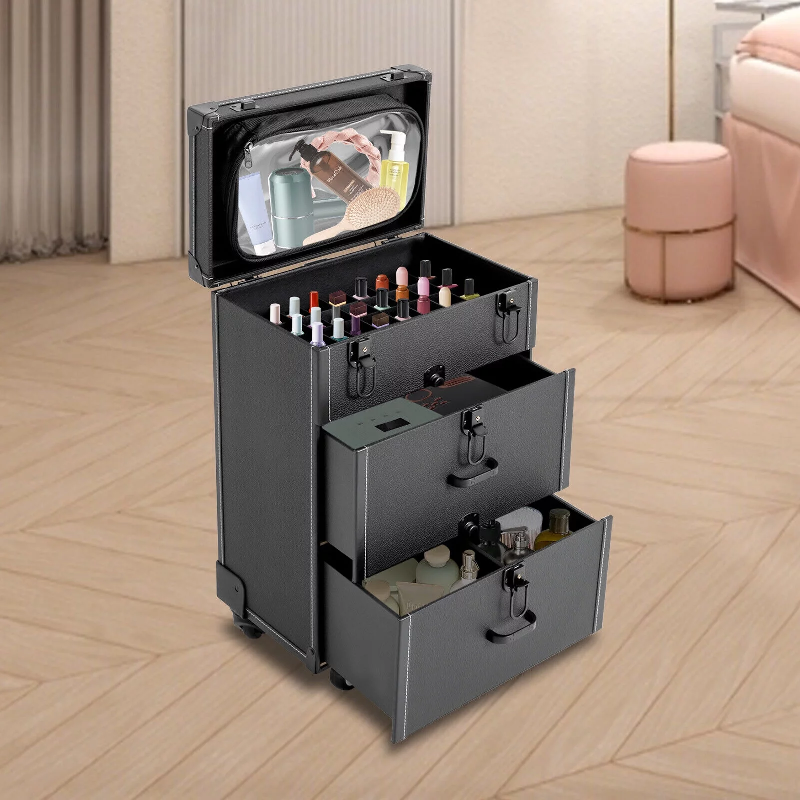 Denest Rolling Train Case Aluminum Trolley Professional Cosmetic Organizer Box w/Drawer