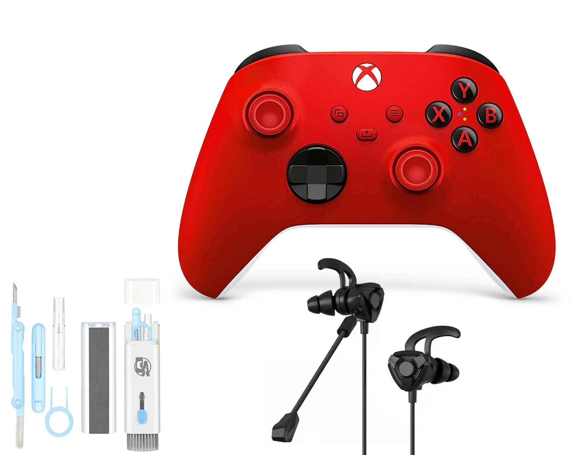 Microsoft Xbox Wireless Pulse Red Controller for Xbox Console + Wired Earbuds With Cleaning Kit BOLT AXTION Bundle Used