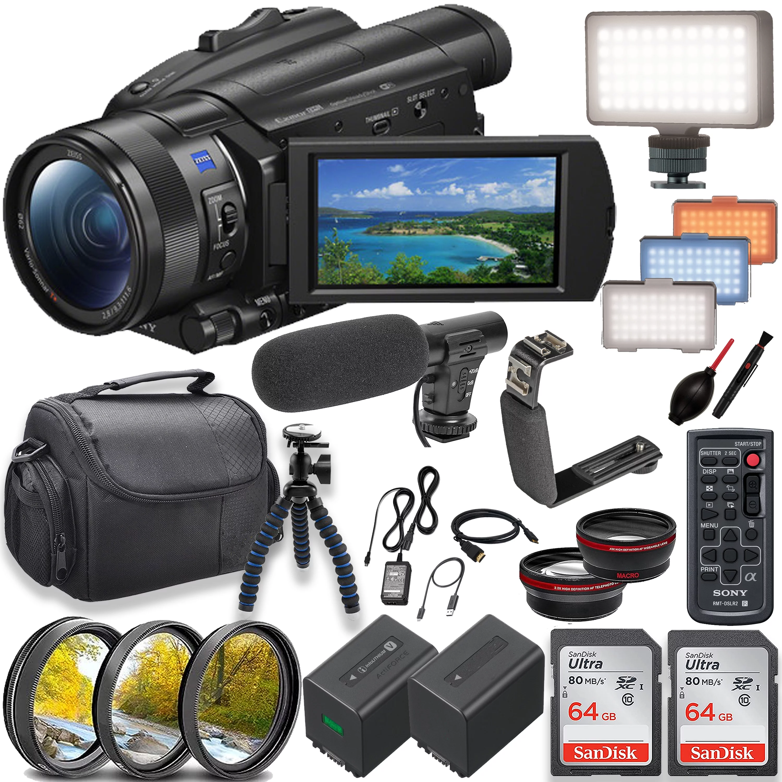 Sony FDR-AX700 4K Camcorder w/ 2pc 64GB Memory Cards + LED Video Light + Microphone + Filters & More