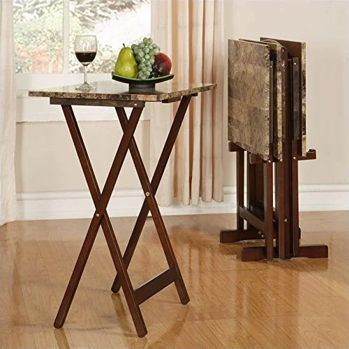 Riverbay Furniture 5 Piece Set Faux Marble TV Tray Table Stand in , 4 Tray Tables & 1 Stand