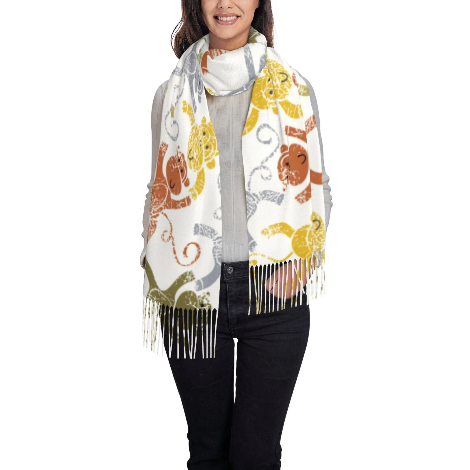 Ocsxa Scarf Shawl Wraps For Women Soft Cashmere Scarf Cartoon Monkey Printed Large Blanket Scarf