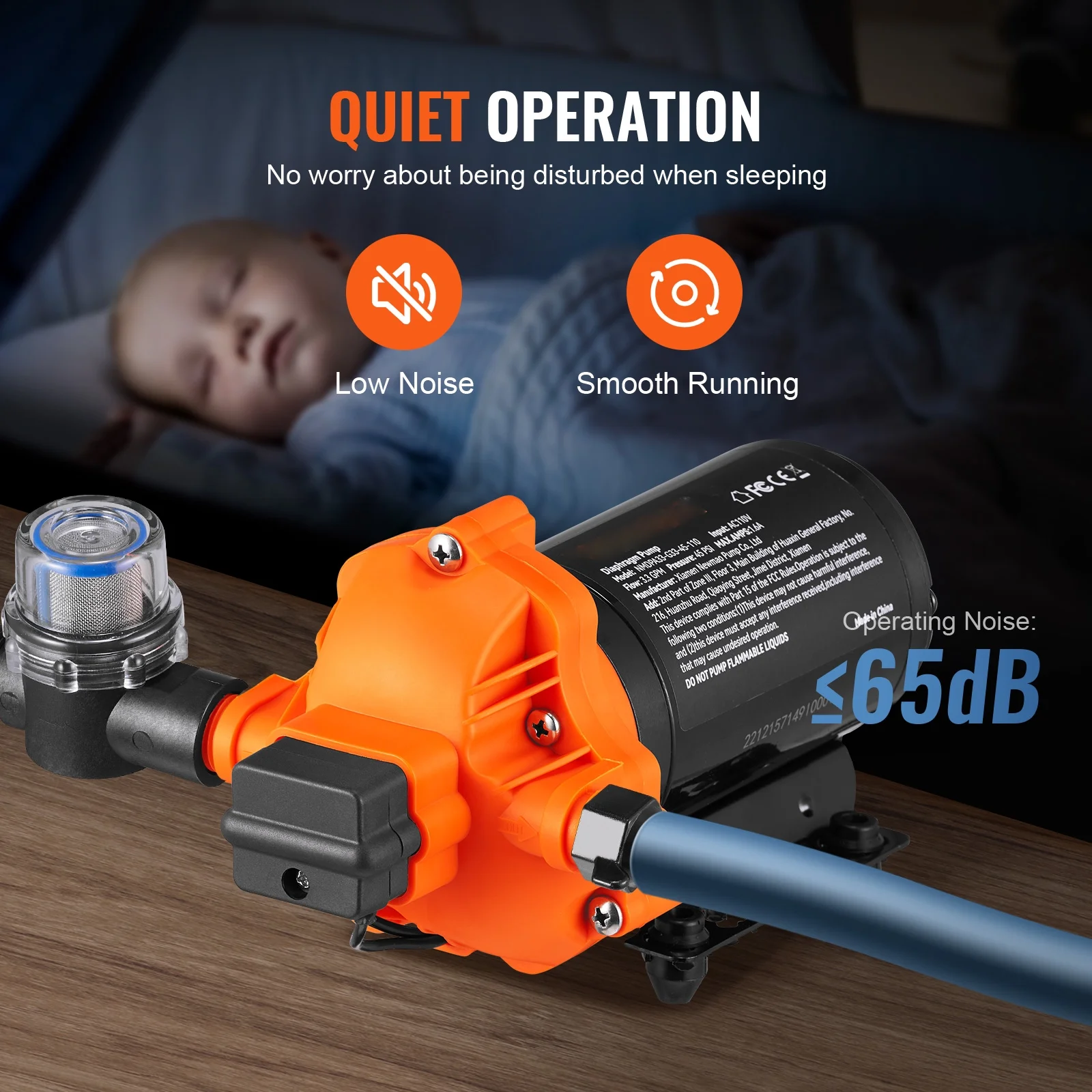 BENTISM Water Diaphragm Pump, 110V AC, 3.3 GPM Flow, 45 PSI (40-80 PSI Adjustable), 1/2