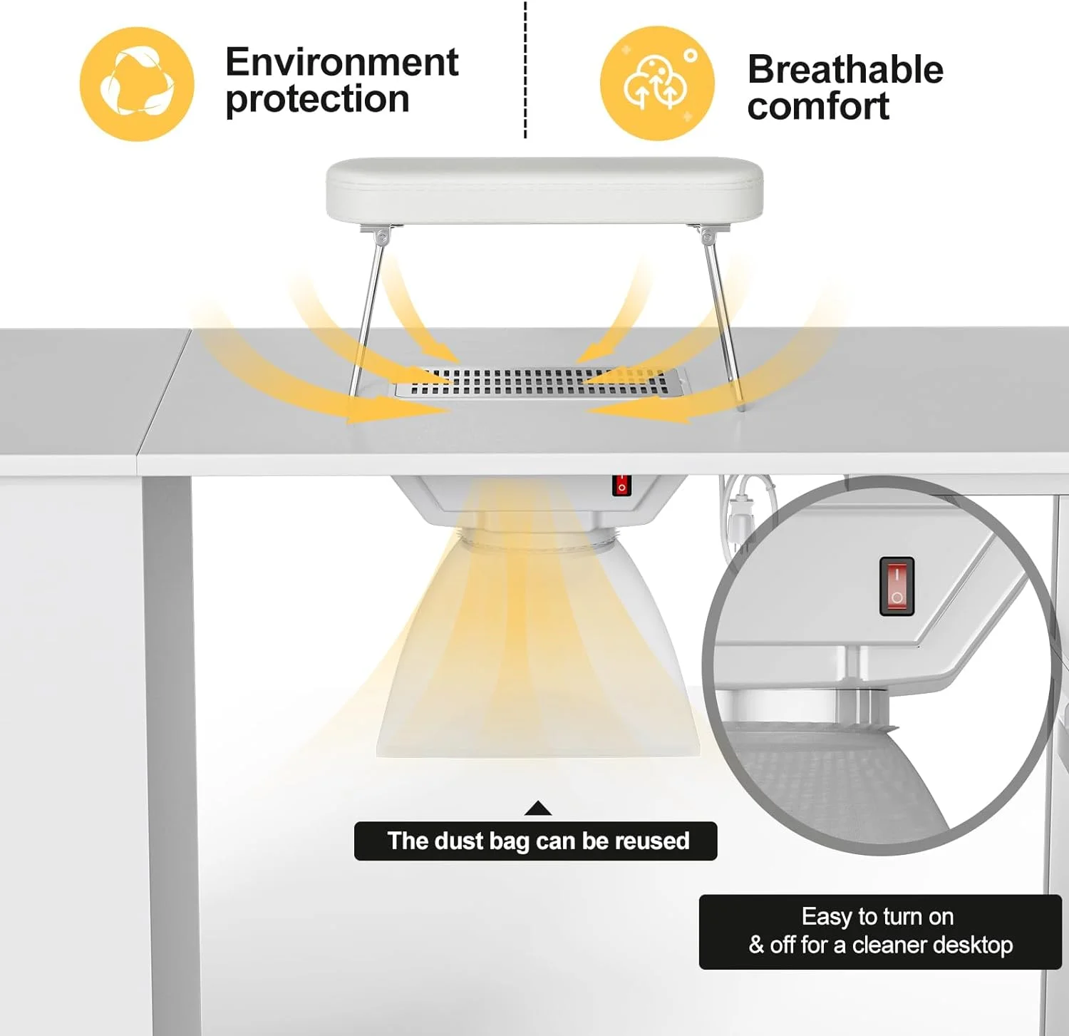 YiSHOP Foldable Manicure Table Nail Desk, Foldable Rolling Nail Table Station with Built-in Dust Collector, Adjustable Length, Wrist Pad & Lockable Rolling Wheels, Storage Desk for Nail Tech(Black)