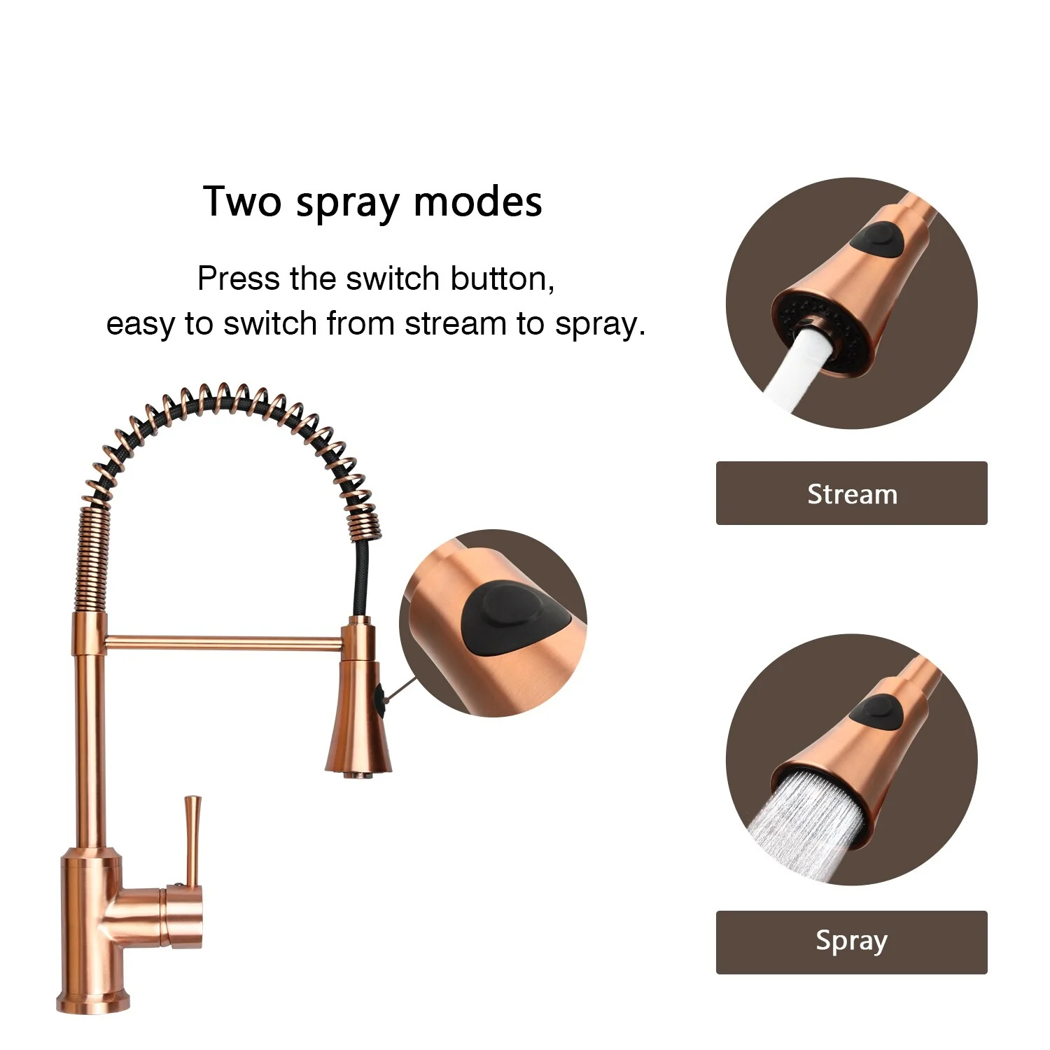 Copper Pre-Rinse Spring Kitchen Faucet, Single Level Solid Brass Kitchen Sink Faucets with Pull Down Sprayer - 8.9x20.9