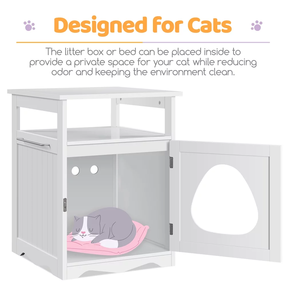 Topeakmart Indoor Wooden Cat Litter Box Enclosure with Open Shelf, White
