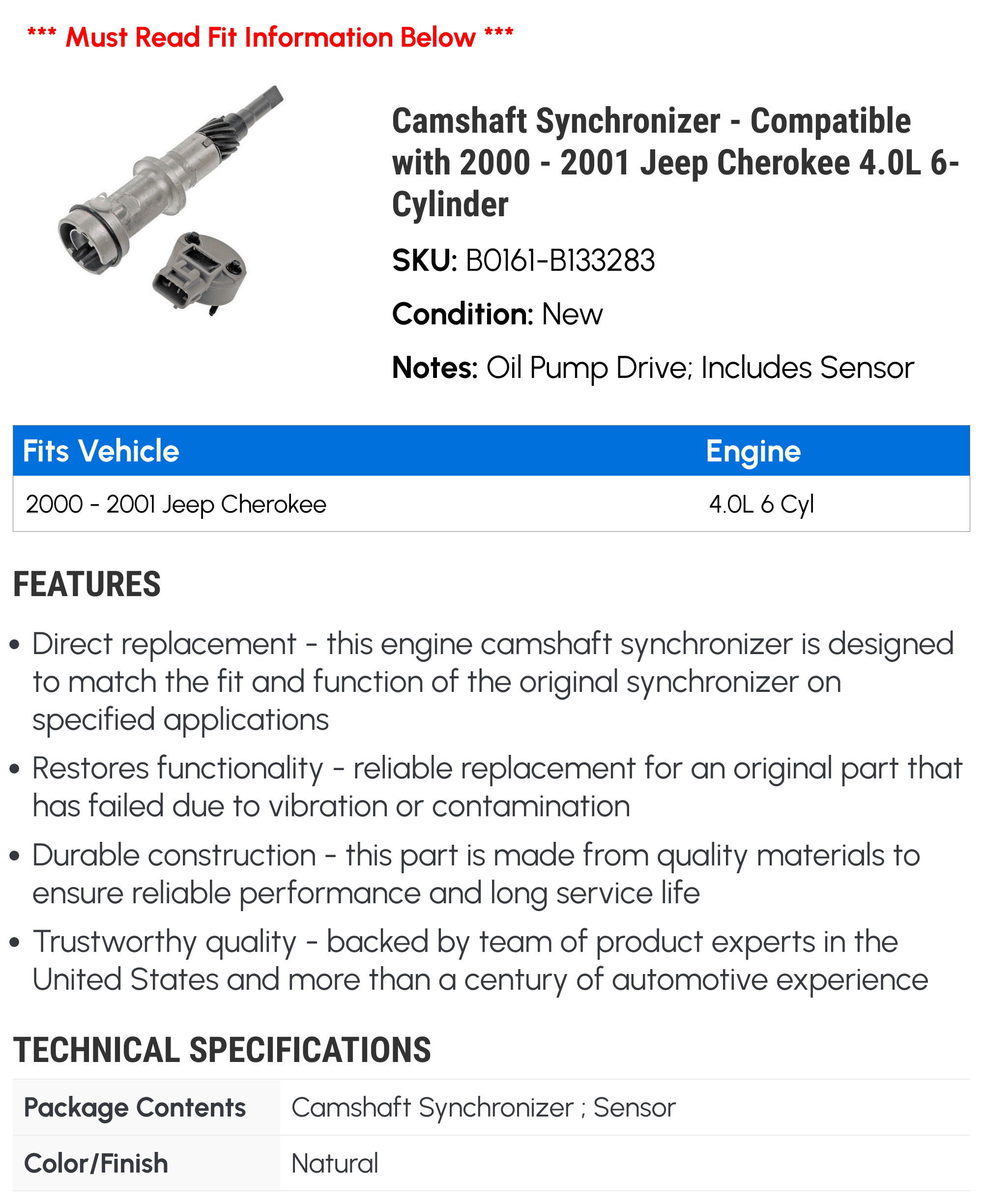 Camshaft Synchronizer - Compatible with 2000 - 2001 Jeep Cherokee 4.0L 6-Cylinder