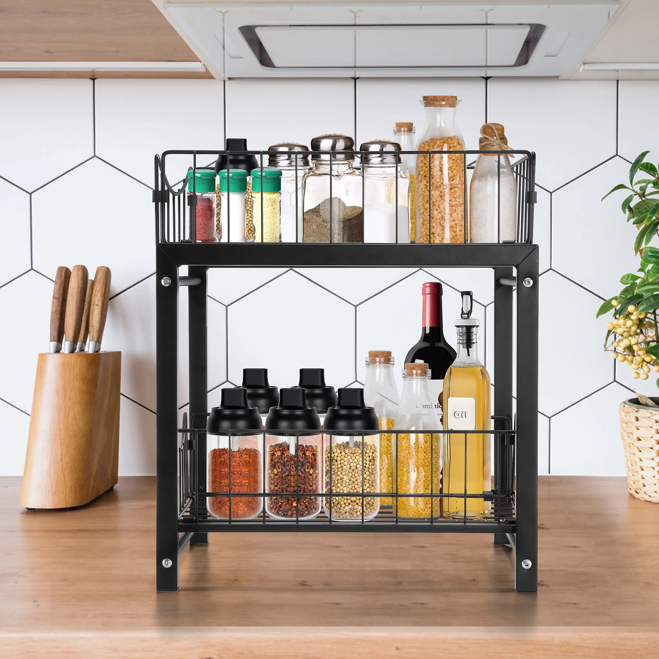 2-Tier Pull-Out Storage Rack, Under Sink Cabinet Sliding Drawer Organizer Basket Shelf, Metal Black