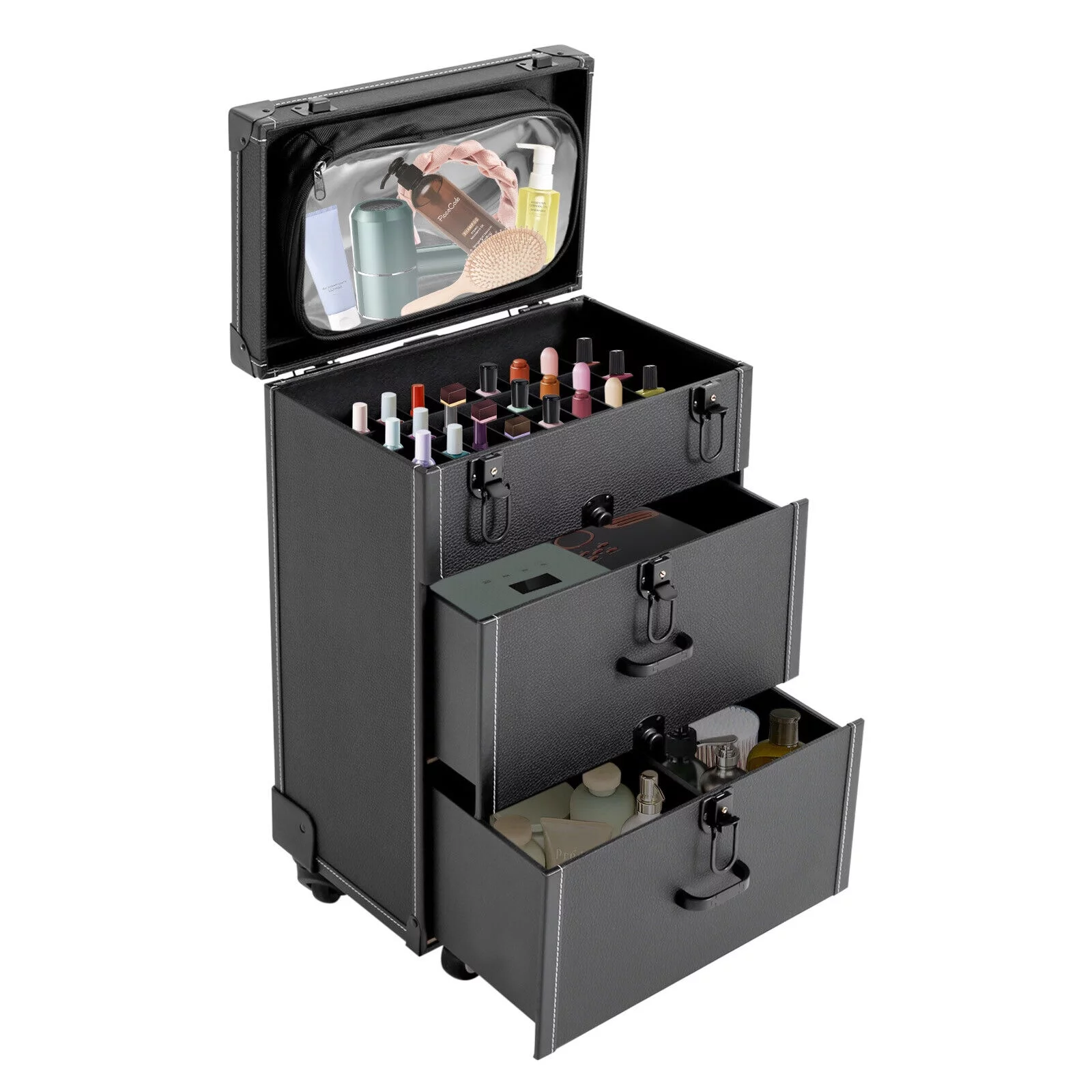 Denest Rolling Train Case Aluminum Trolley Professional Cosmetic Organizer Box w/Drawer