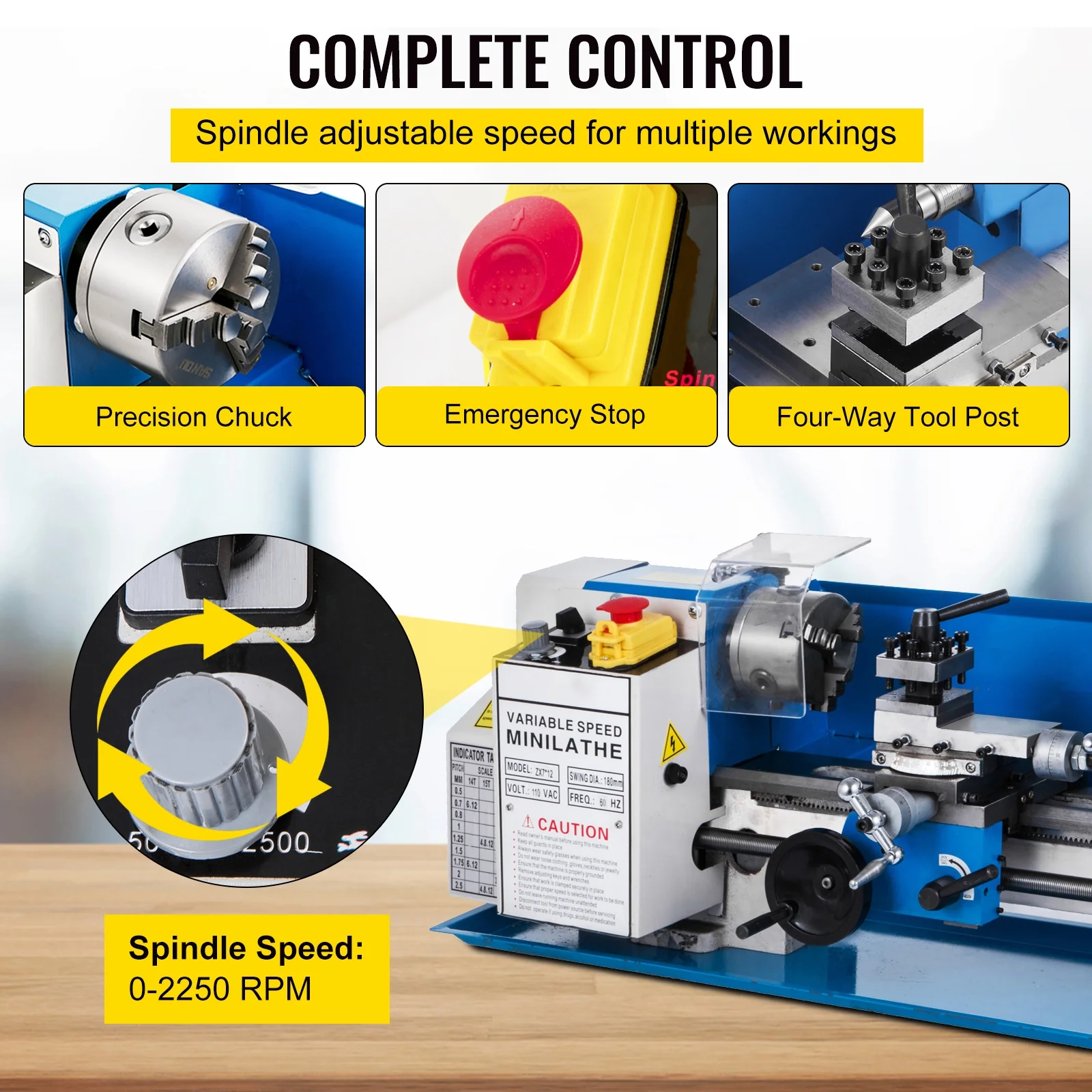 BENTISM Bench Top Mini Metal Milling Lathe 7x12 Variable Speed 0-2250 RPM w/ Lamp