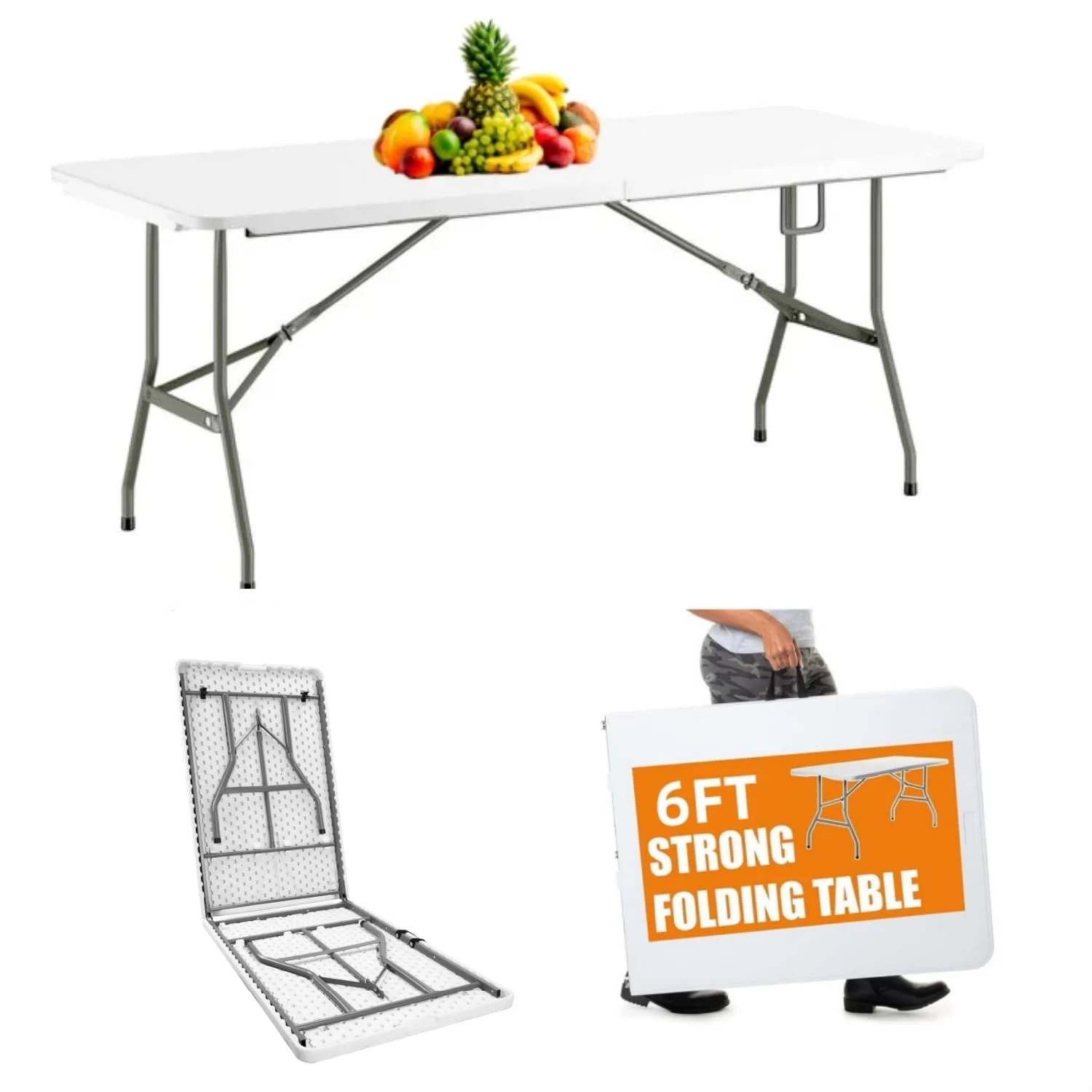VTOY 6FT Folding Table White Plastic Folding Table Portable Long Foldable Tables Indoor Outdoor Picnic Camping Fold Table 6 Foot Party Table (4ft, 6ft, 8ft)