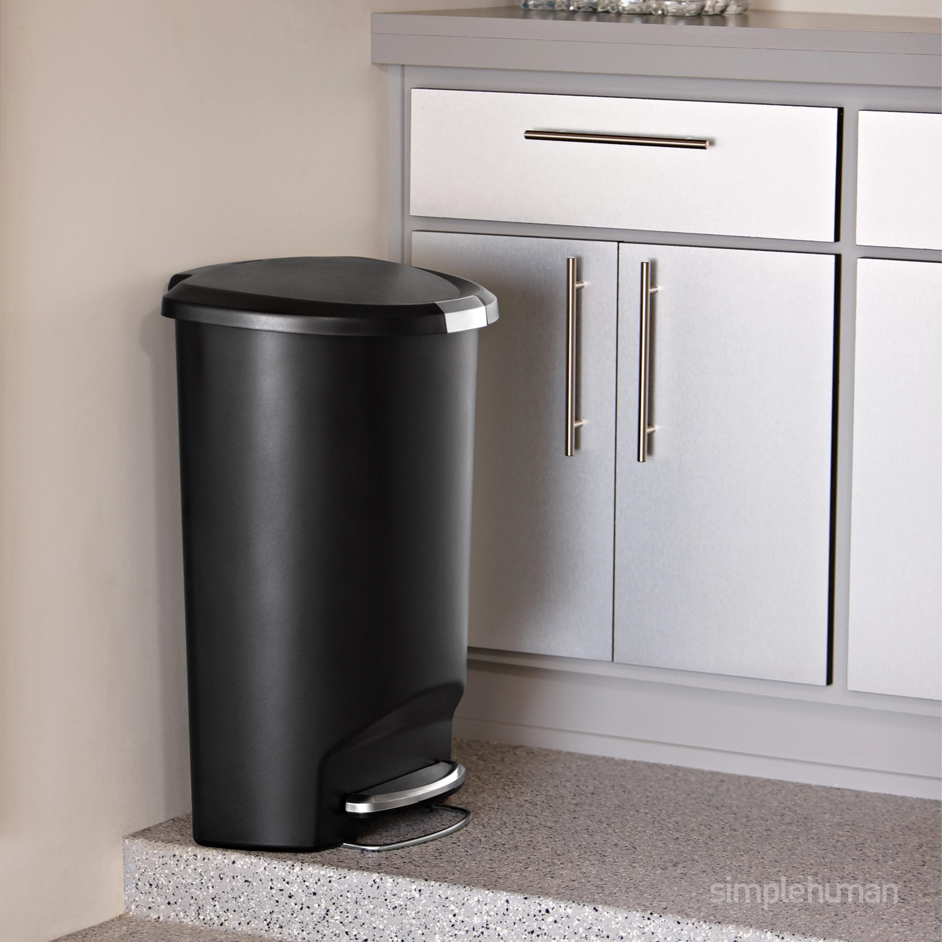simplehuman 13 Gallon Trash Can, Black Plastic Semi-Round Step Kitchen Trash Can with Secure Slide Lock