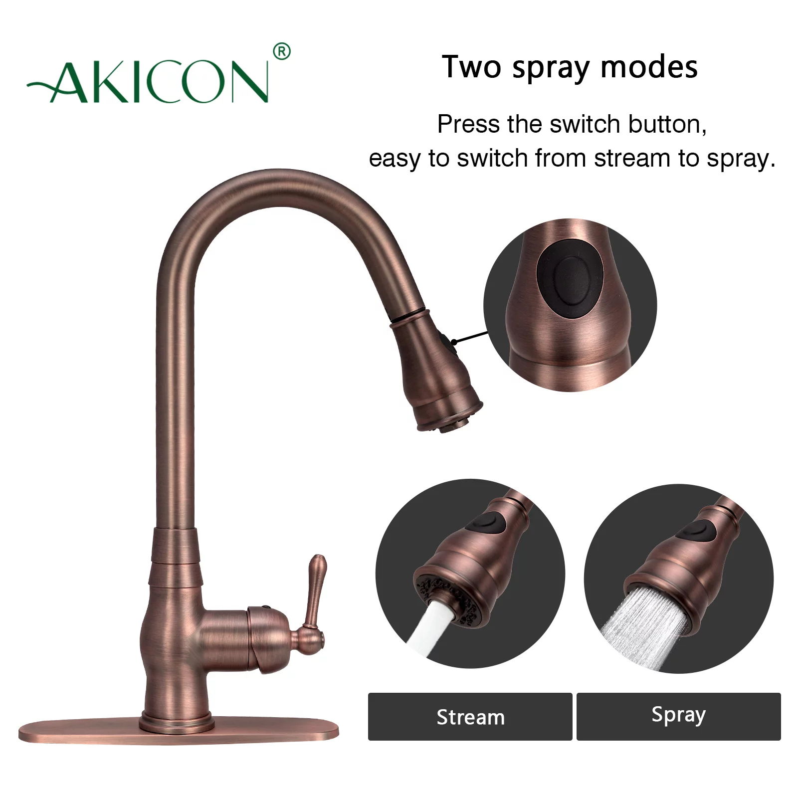 Akicon Copper Pull Out Kitchen Faucet with Deck Plate, Solid Brass Kitchen Sink Faucets with Pull Down Sprayer - Antique Bronze