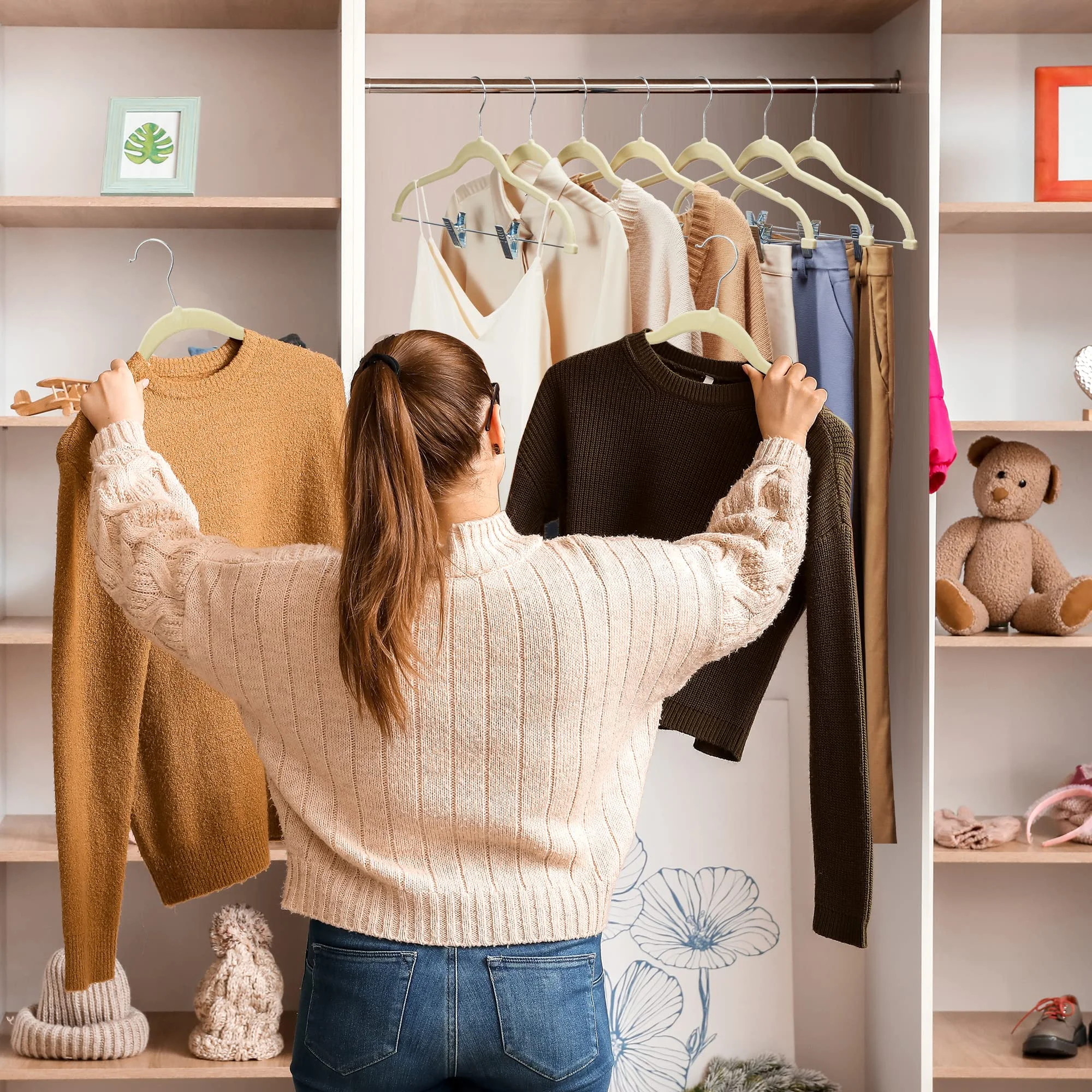 Clothes Hangers with Clips, 10 Packs Space-Saving Pants Hangers with Clips, Non-Slip Adjustable Pant Skirt Jean Hangers for Closet