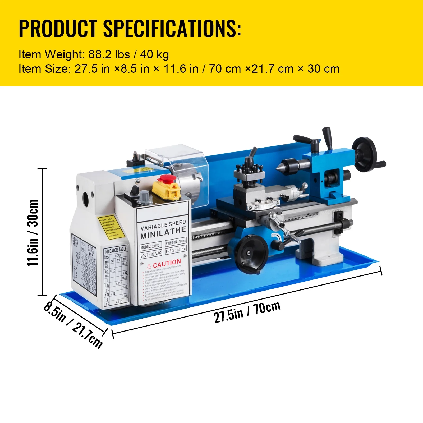 BENTISM Bench Top Mini Metal Milling Lathe 7x12 Variable Speed 0-2250 RPM w/ Lamp