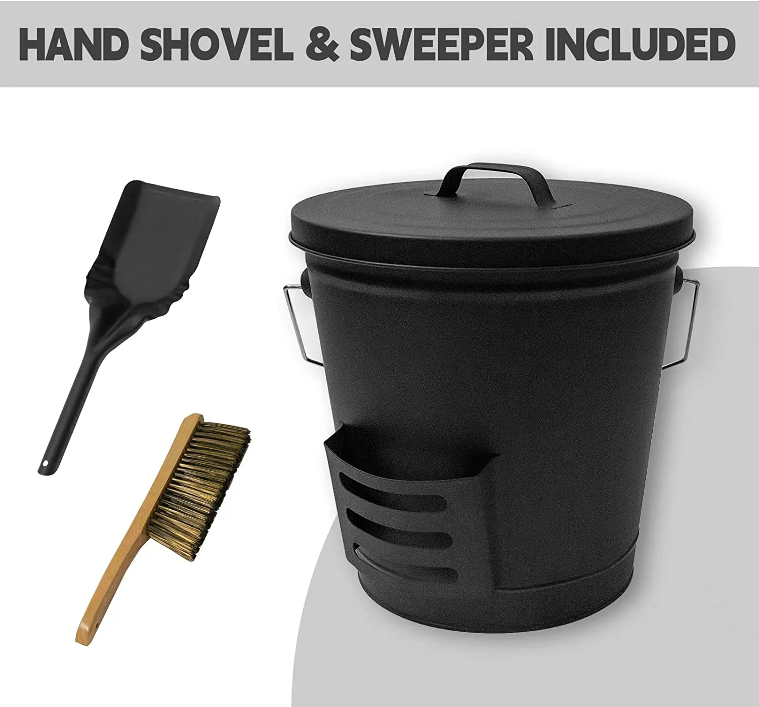 Fireplace Ash Bucket with Lid Shovel and Hand Broom, 5.15 Gallon Charcoal Wood Fire Pits Burning Stoves, Coal/ Large Pellet Metal Buckets/Hot Wood Carrier Pail Fire Pits Ash Can Cleaning Tools